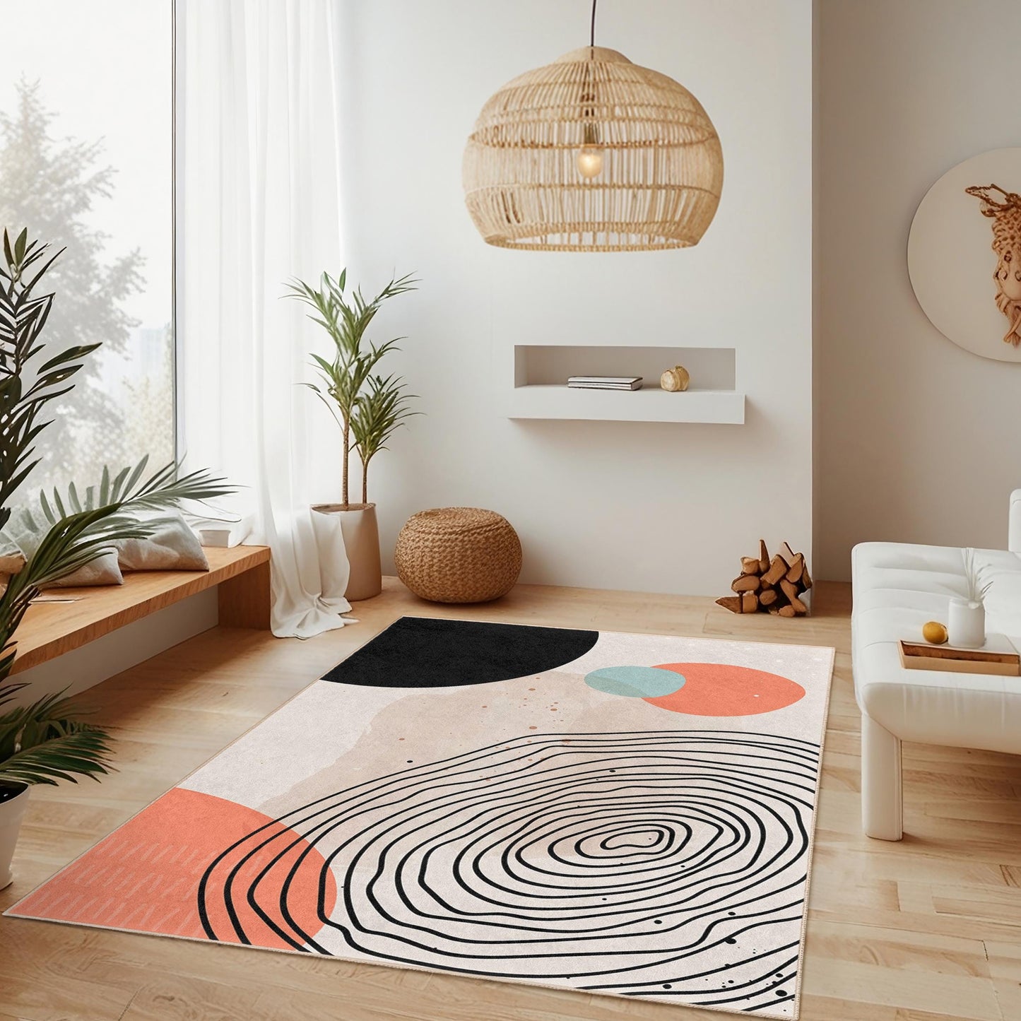 Pflegeleichte Dekomatte | Rechteckiger Teppich mit abstraktem geometrischem Muster | Moderner Wohnzimmerteppich | Weicher Baumwoll-Bodenbelag