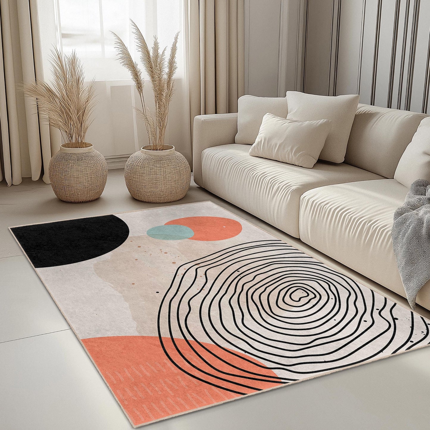 Pflegeleichte Dekomatte | Rechteckiger Teppich mit abstraktem geometrischem Muster | Moderner Wohnzimmerteppich | Weicher Baumwoll-Bodenbelag