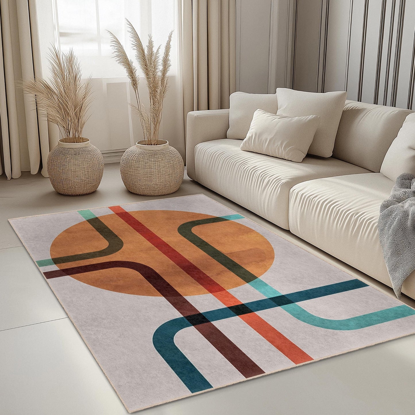 Stilvoller Wohnaccessoire-Akzent | Rechteckiger Teppich mit abstraktem Linienmuster | Moderner Wohnzimmerteppich | Pflegeleichte Dekomatte
