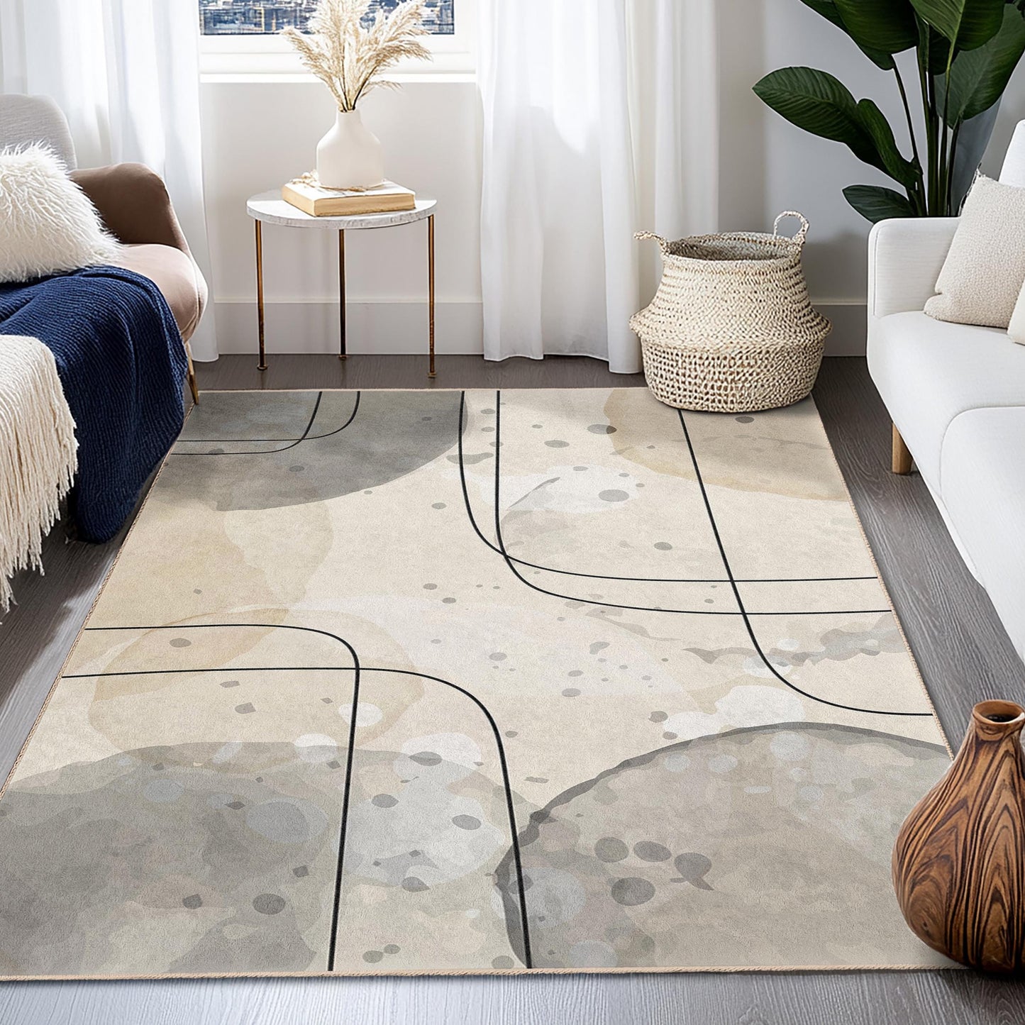 Moderner Wohnzimmerteppich | Rechteckiger Teppich mit abstraktem Linienmuster | Pflegeleichter, weicher Teppich | Stilvolle Wohnaccessoires