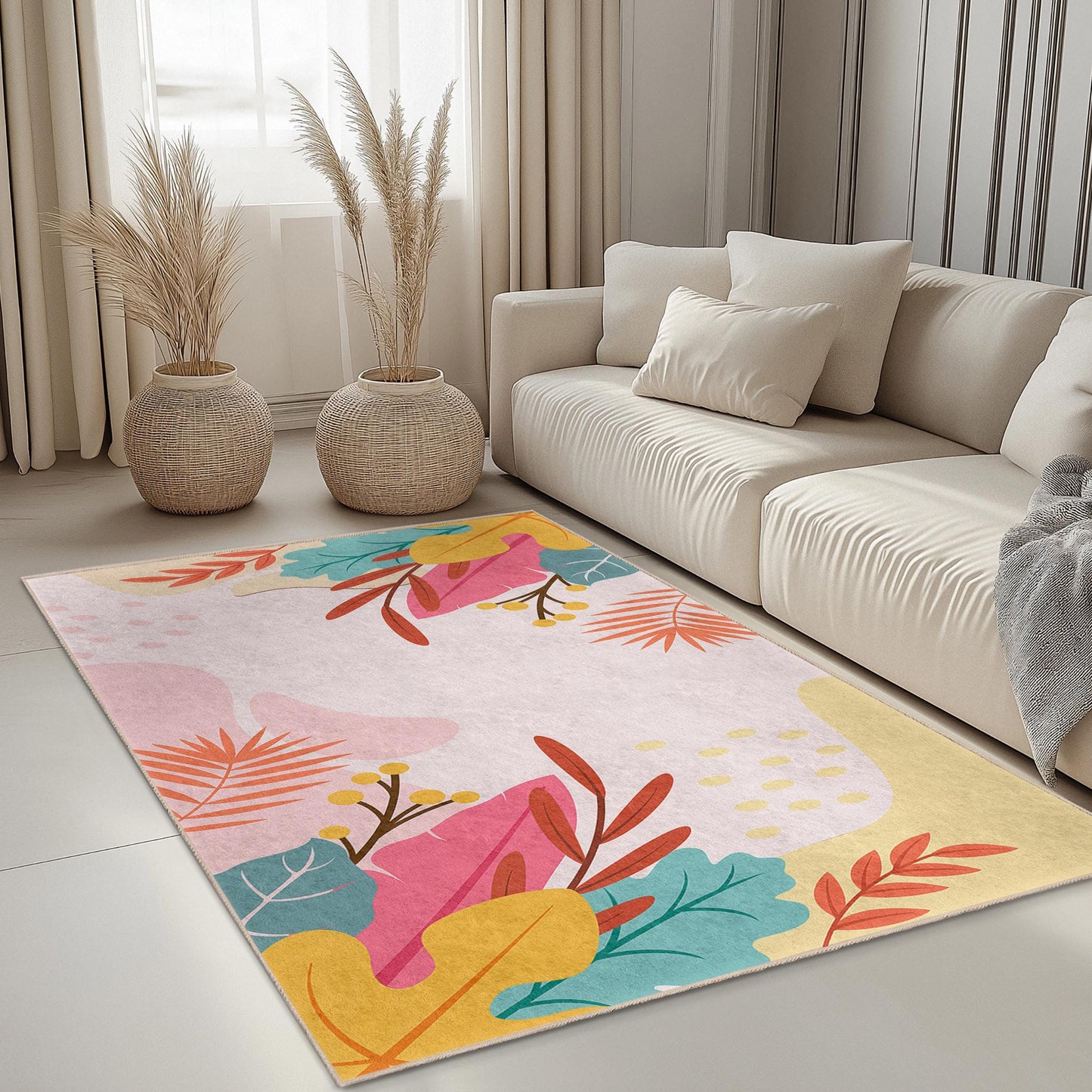 Rechteckiger Teppich mit Blattmuster | Pflegeleichter Wohnzimmerteppich | Florales Design für die Heimdekoration | Stilvolle Matte mit Blattdruck