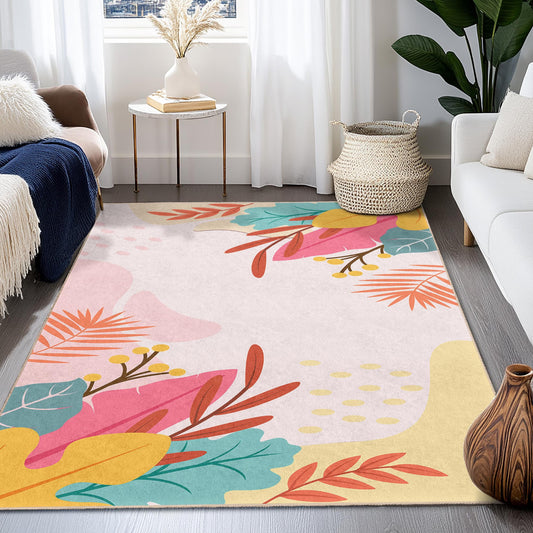 Leaf Pattern Rectangular Area Rug | Easy Clean Living Room Carpet | Floral Design Home Decor | Stylish Leaf Print Mat