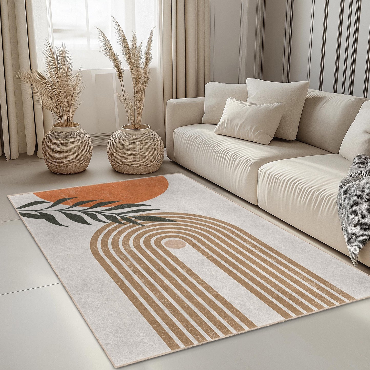 Teppich mit Blattmuster: Moderner Baumwollteppich fürs Wohnzimmer
