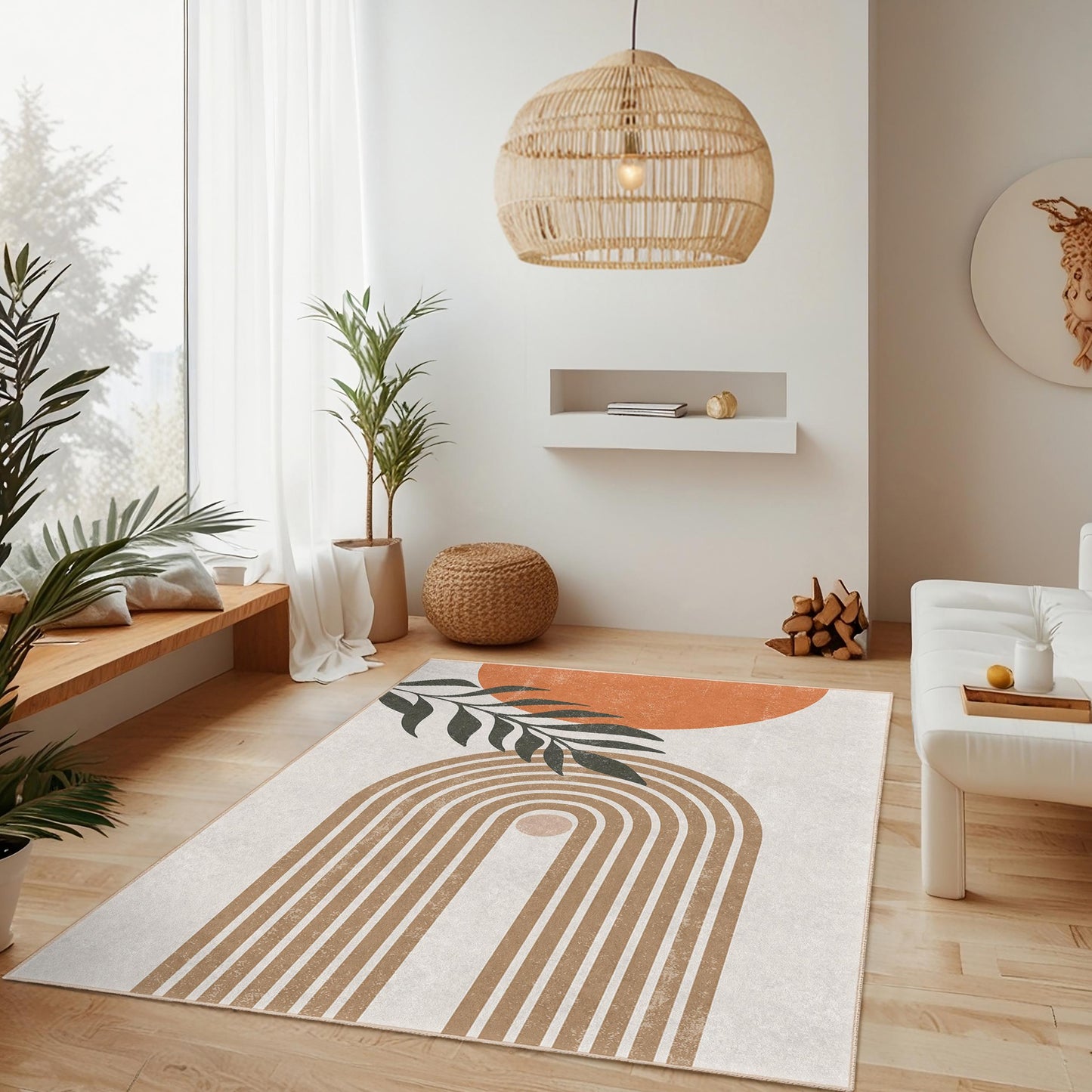 Teppich mit Blattmuster: Moderner Baumwollteppich fürs Wohnzimmer