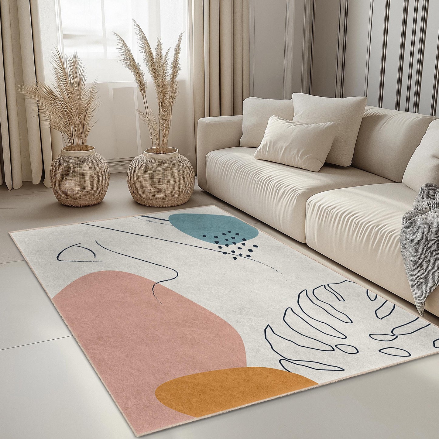 Stilvolle Wohnzimmerdekoration | Rechteckiger Wohnzimmerteppich mit abstrakten Formen | Von moderner Kunst inspirierter Teppich | Pflegeleichte, weiche Matte