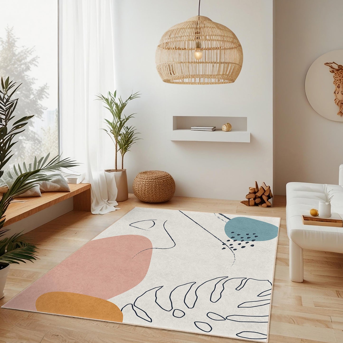 Stilvolle Wohnzimmerdekoration | Rechteckiger Wohnzimmerteppich mit abstrakten Formen | Von moderner Kunst inspirierter Teppich | Pflegeleichte, weiche Matte