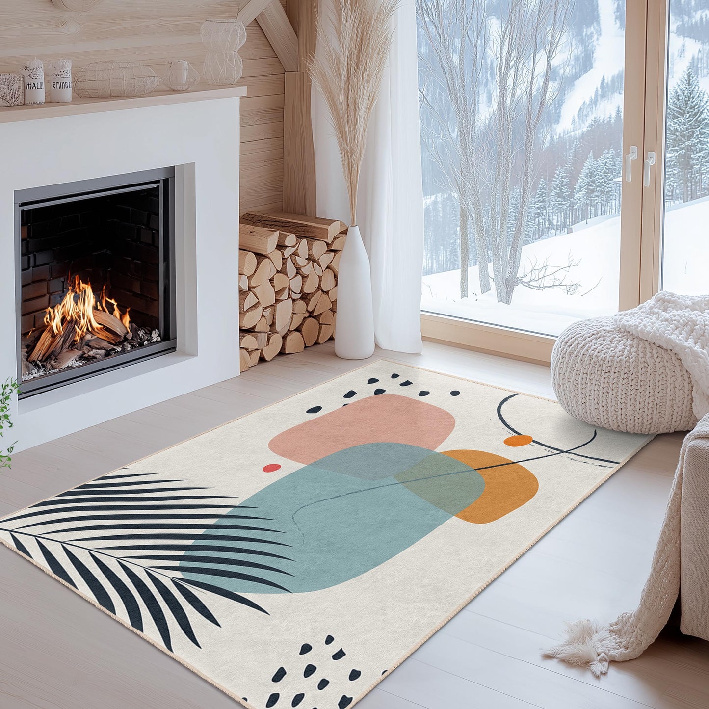 Moderner Wohnzimmerteppich | Rechteckiger Teppich mit abstraktem geometrischem Design | Waschbarer Wohnteppich | Stilvoller, moderner Teppich