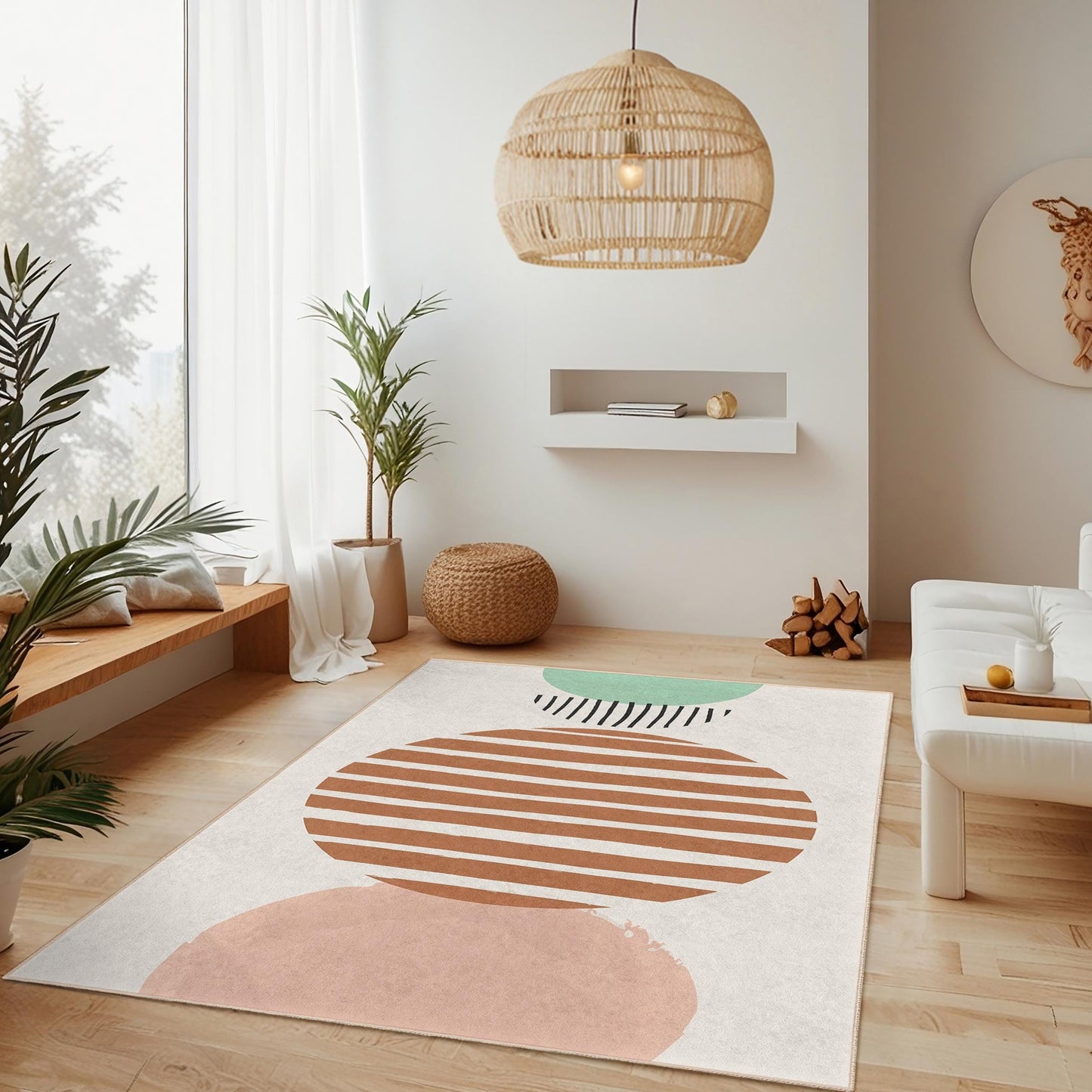 Rechteckiger Teppich mit Streifenmuster und Kreisen | Moderner Dekoteppich fürs Wohnzimmer | Stilvolle Wohndekoration | Weiche Baumwoll-Fußmatte