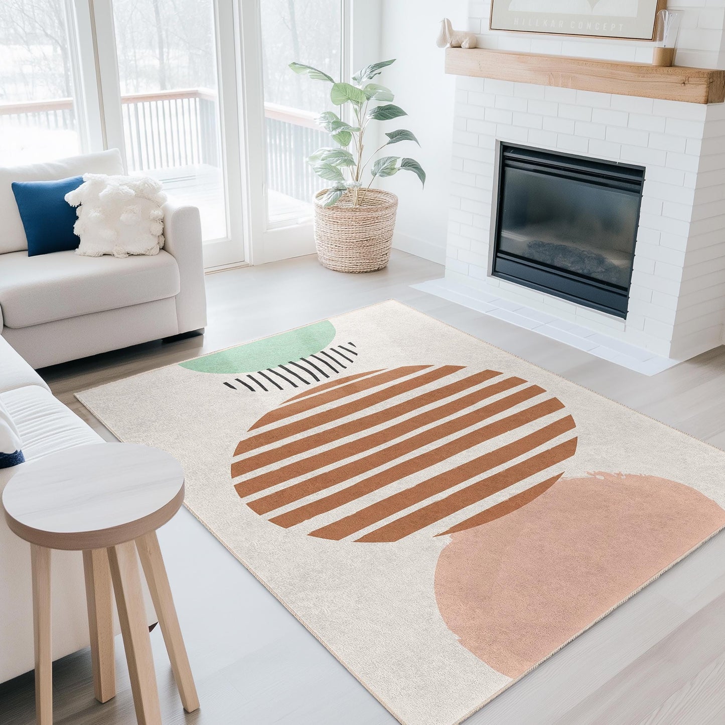 Rechteckiger Teppich mit Streifenmuster und Kreisen | Moderner Dekoteppich fürs Wohnzimmer | Stilvolle Wohndekoration | Weiche Baumwoll-Fußmatte