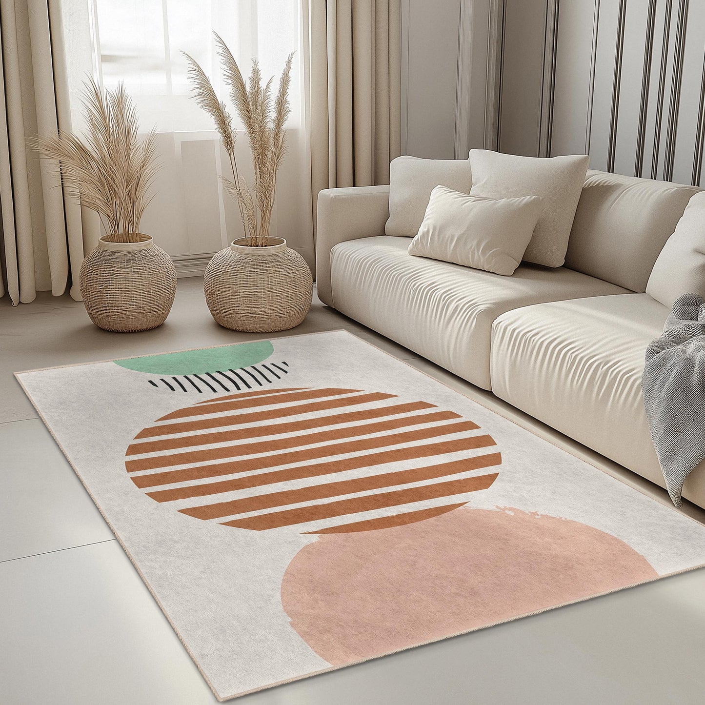 Rechteckiger Teppich mit Streifenmuster und Kreisen | Moderner Dekoteppich fürs Wohnzimmer | Stilvolle Wohndekoration | Weiche Baumwoll-Fußmatte