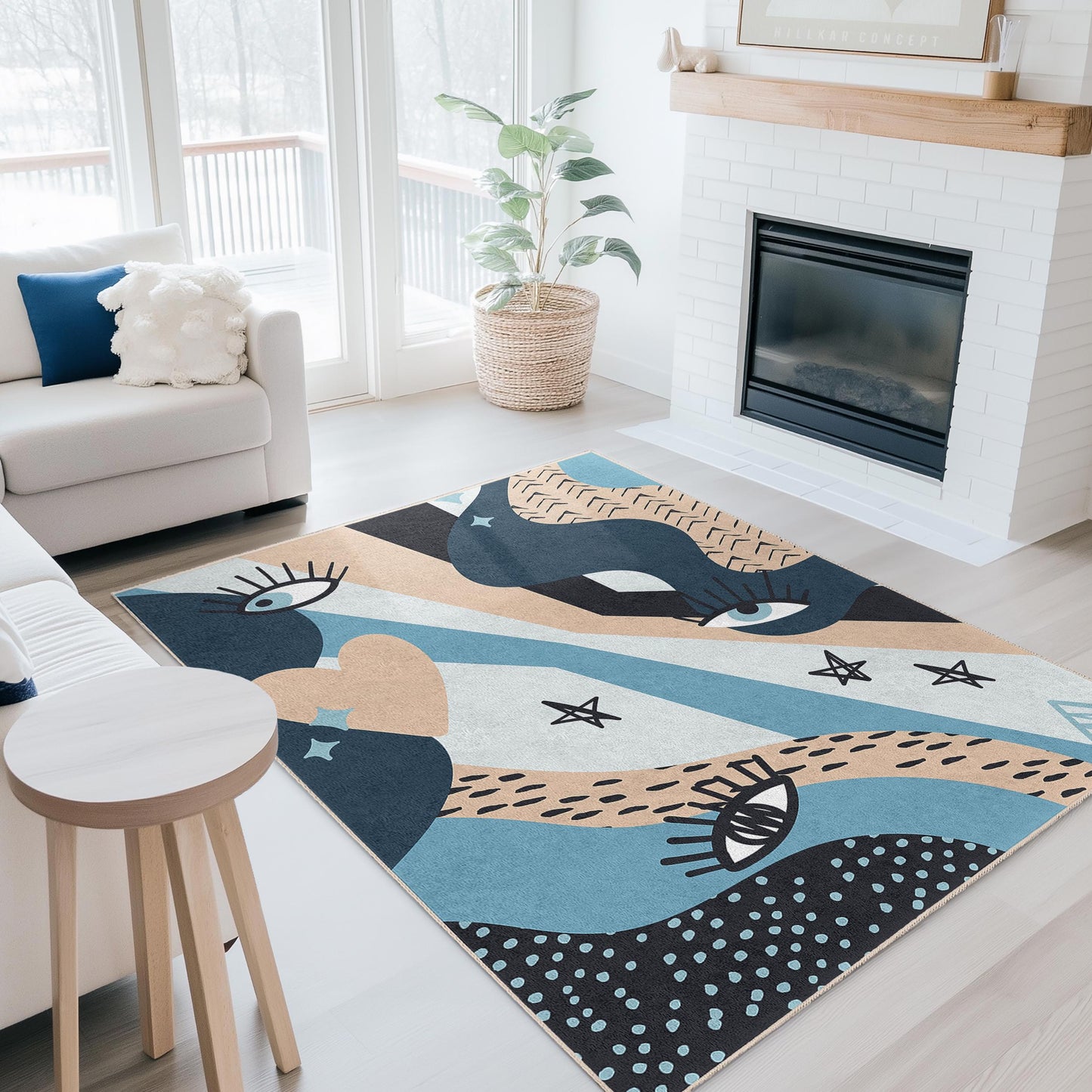 Rechteckiger Teppich mit abstraktem Augenmuster | Moderner Wohnzimmerteppich | Weiche Baumwollmatte | Stilvolle Wohnaccessoires
