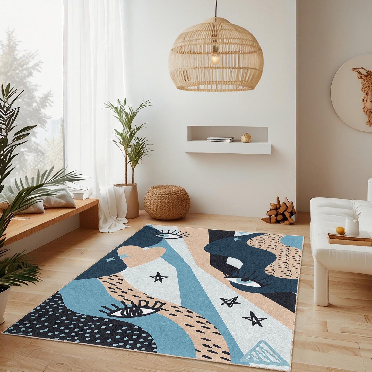 Rechteckiger Teppich mit abstraktem Augenmuster | Moderner Wohnzimmerteppich | Weiche Baumwollmatte | Stilvolle Wohnaccessoires