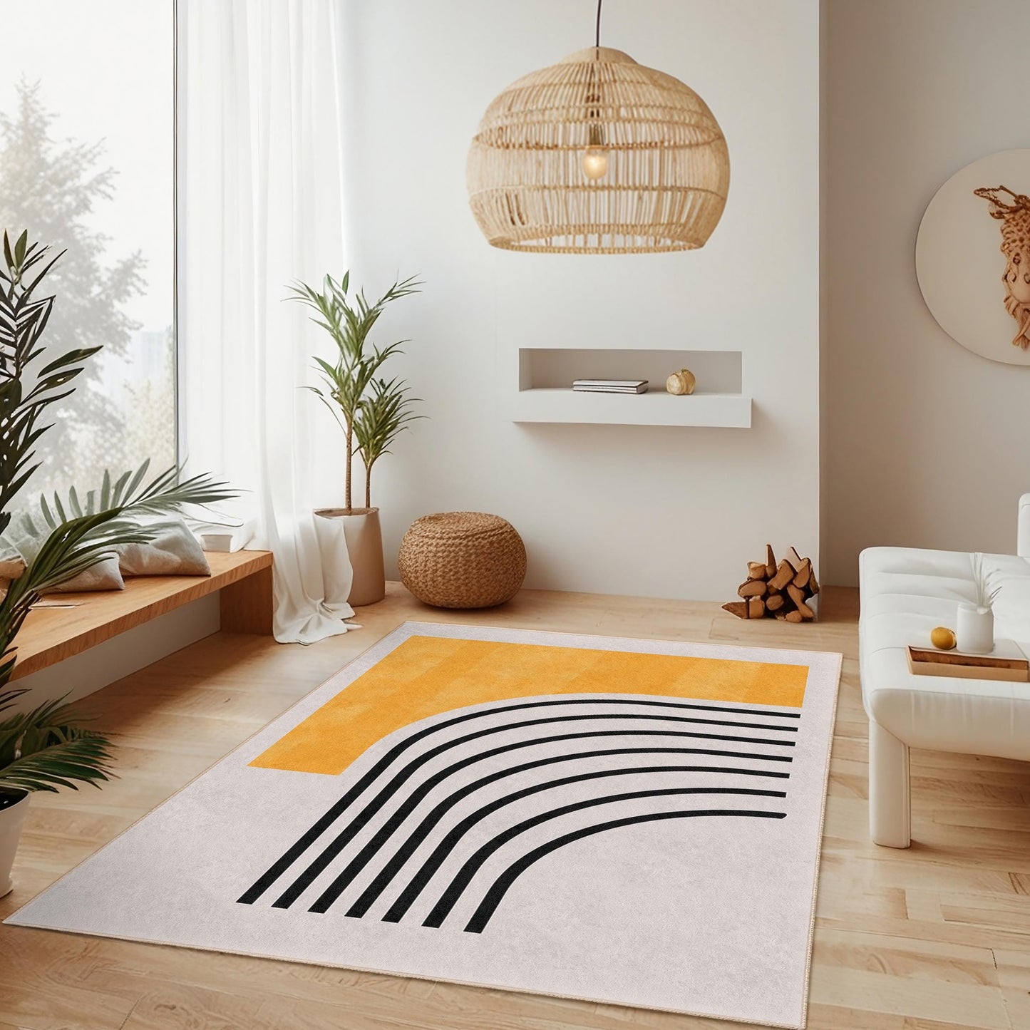 Gelb gestreifter, rechteckiger Dekoteppich | Moderner Wohnzimmerteppich | Stilvolle Wohnaccessoires | Trendiger Akzentteppich