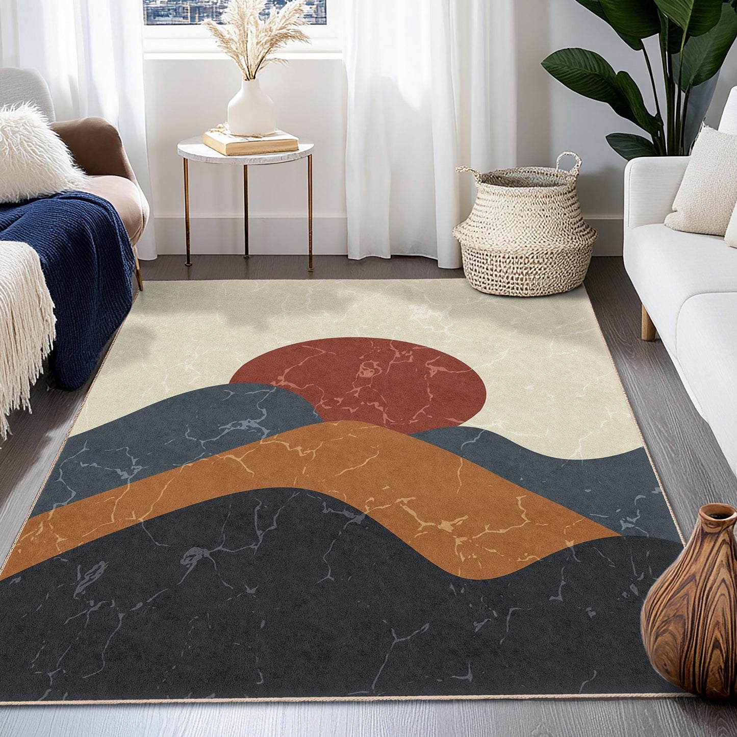 Rechteckiger Teppich mit abstraktem Bergmotiv | Moderner Wohnteppich | Dekorativer Teppich fürs Wohnzimmer | Stilvoller Bodenbelag