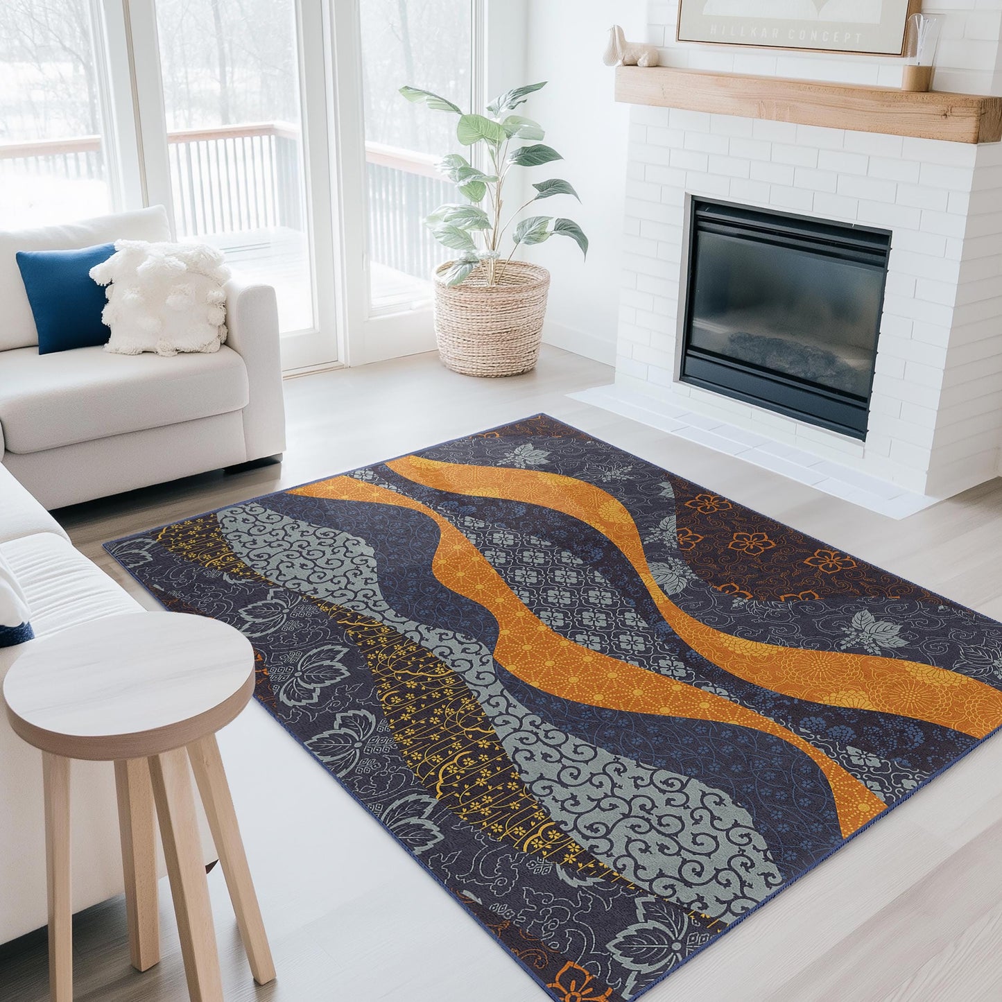 Rechteckiger Teppich mit Wellenmuster | Moderner Wohnzimmerteppich | Weiche Baumwollmatte | Stilvolle Wohnaccessoires