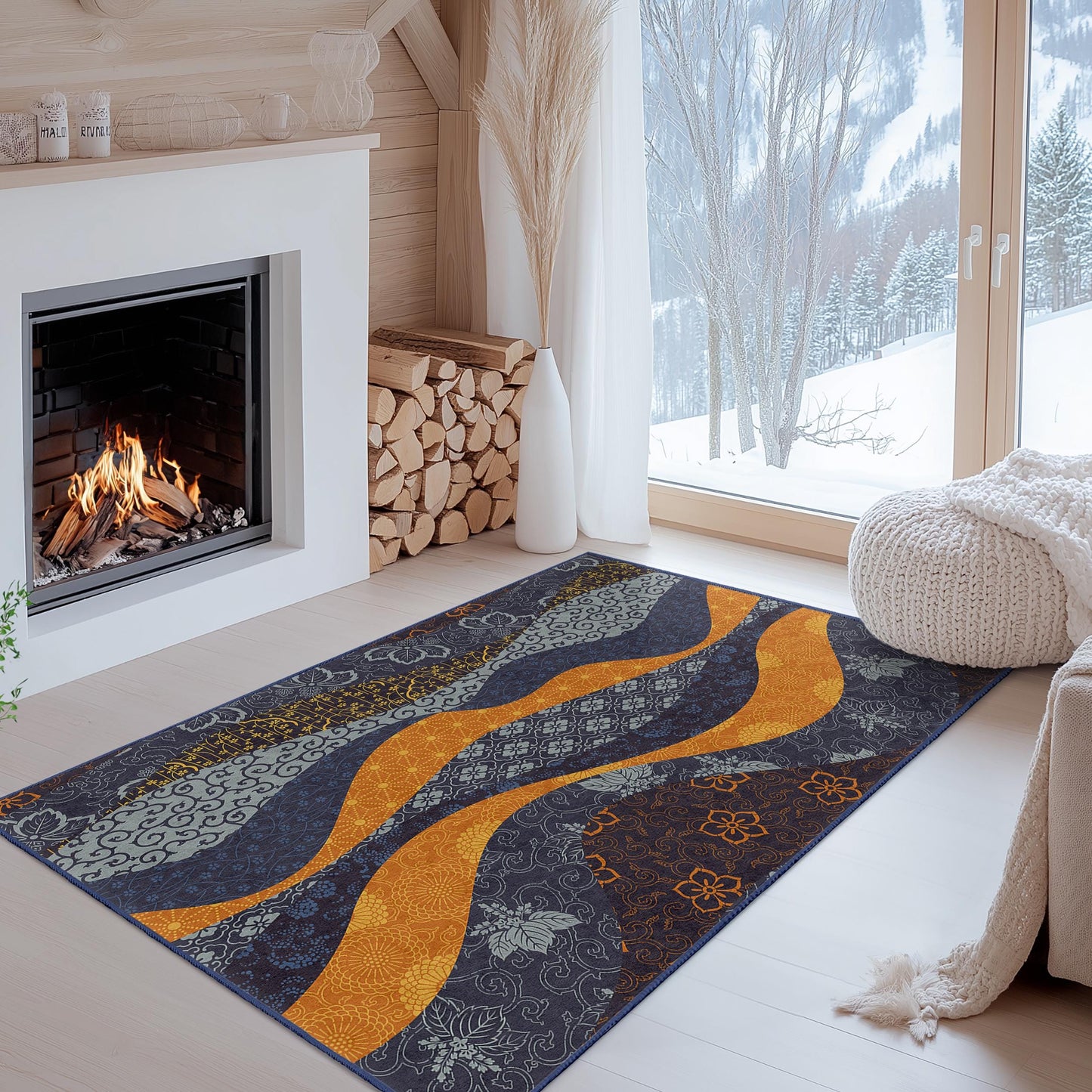Rechteckiger Teppich mit Wellenmuster | Moderner Wohnzimmerteppich | Weiche Baumwollmatte | Stilvolle Wohnaccessoires