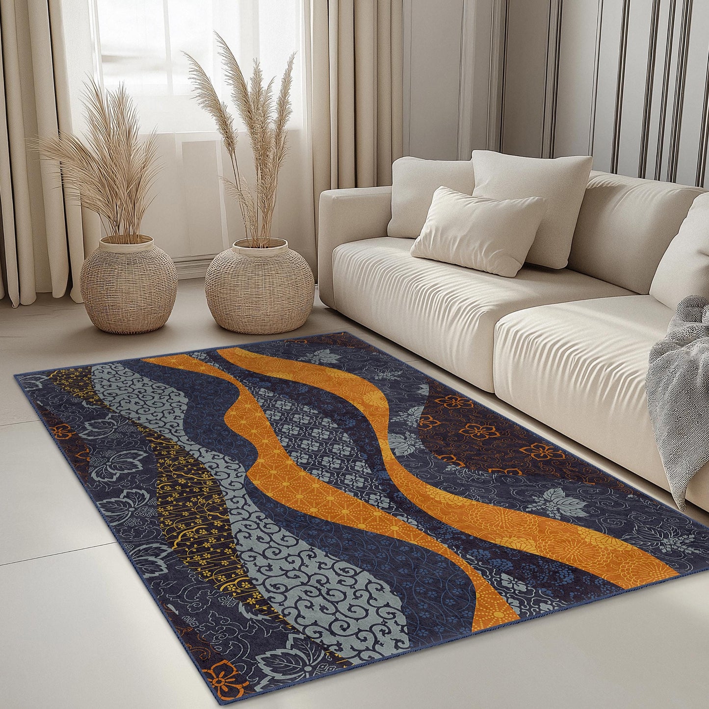 Rechteckiger Teppich mit Wellenmuster | Moderner Wohnzimmerteppich | Weiche Baumwollmatte | Stilvolle Wohnaccessoires