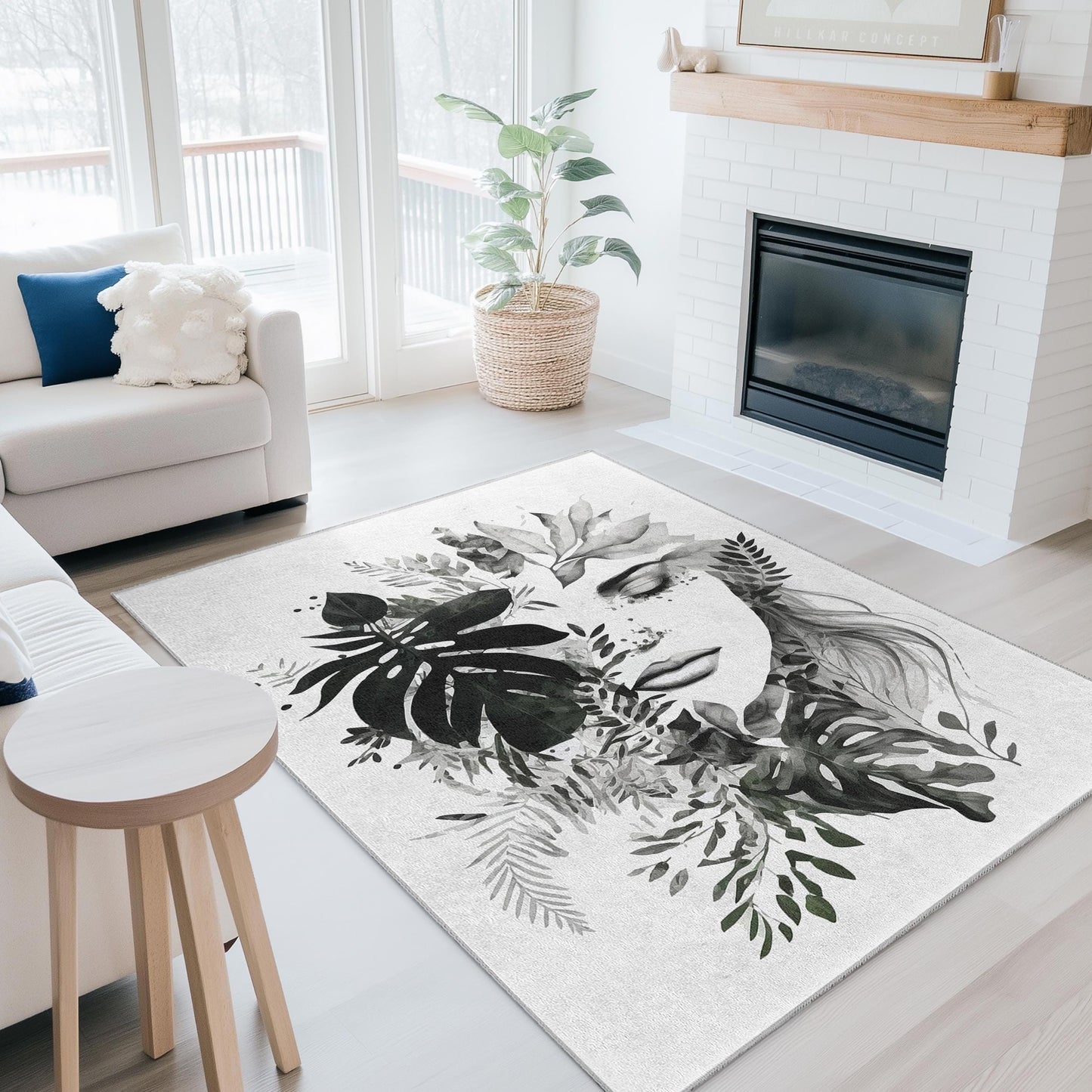 Eleganter rechteckiger Teppich mit botanischem Gesichtsmuster | Moderne Wohnzimmerdekoration | Stilvoller bedruckter Teppich | Einzigartiges Wohnaccessoire