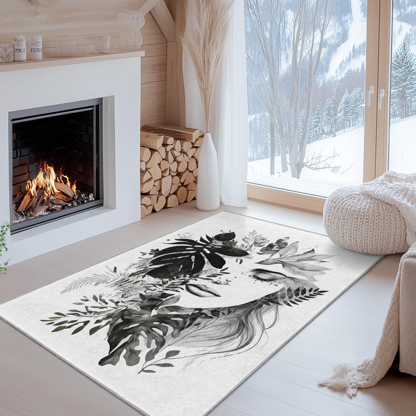 Eleganter rechteckiger Teppich mit botanischem Gesichtsmuster | Moderne Wohnzimmerdekoration | Stilvoller bedruckter Teppich | Einzigartiges Wohnaccessoire