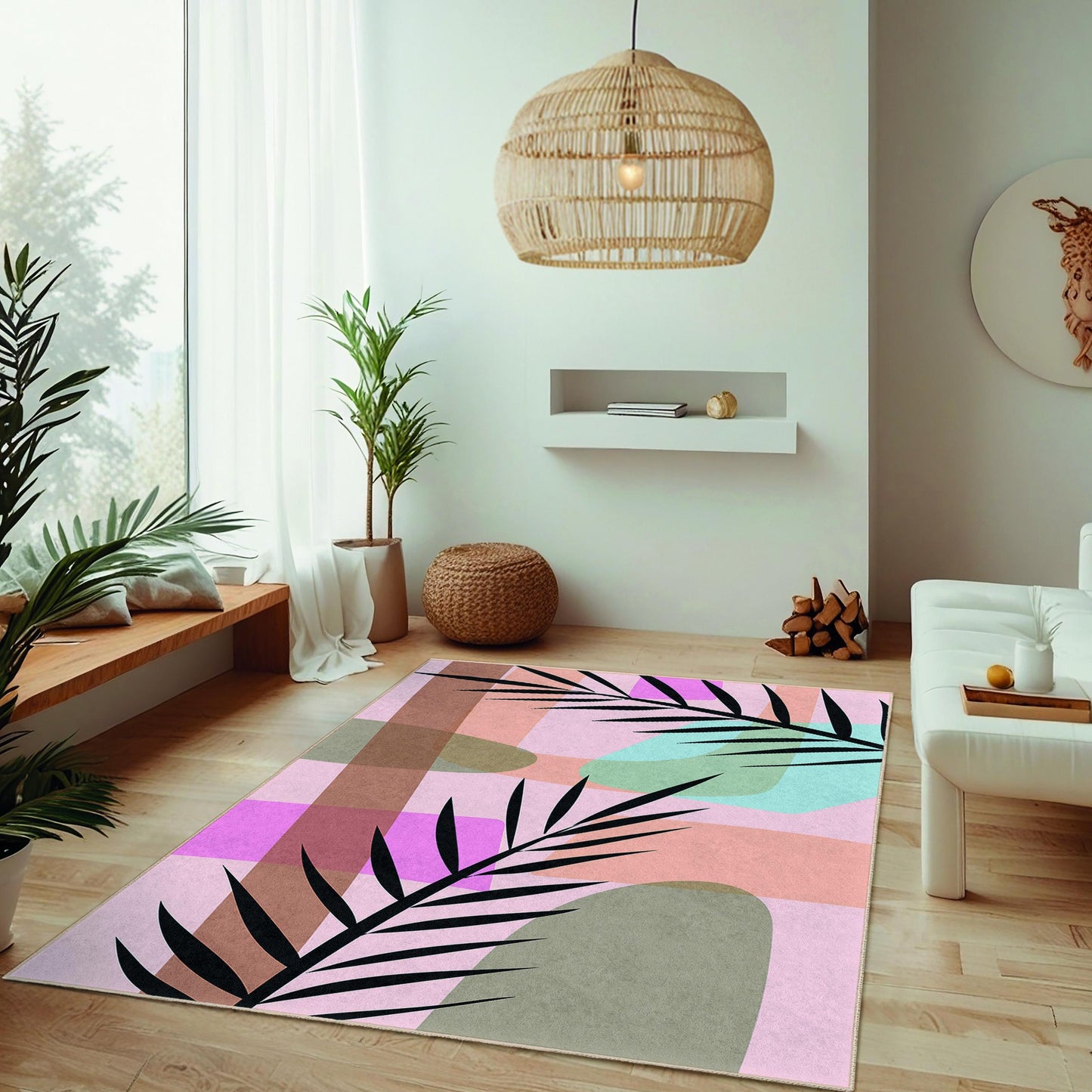 Rechteckiger Teppich mit abstraktem Palmenblattmuster | Moderner Wohnteppich | Elegante Wohnzimmermatte | Stilvoller Dekoteppich