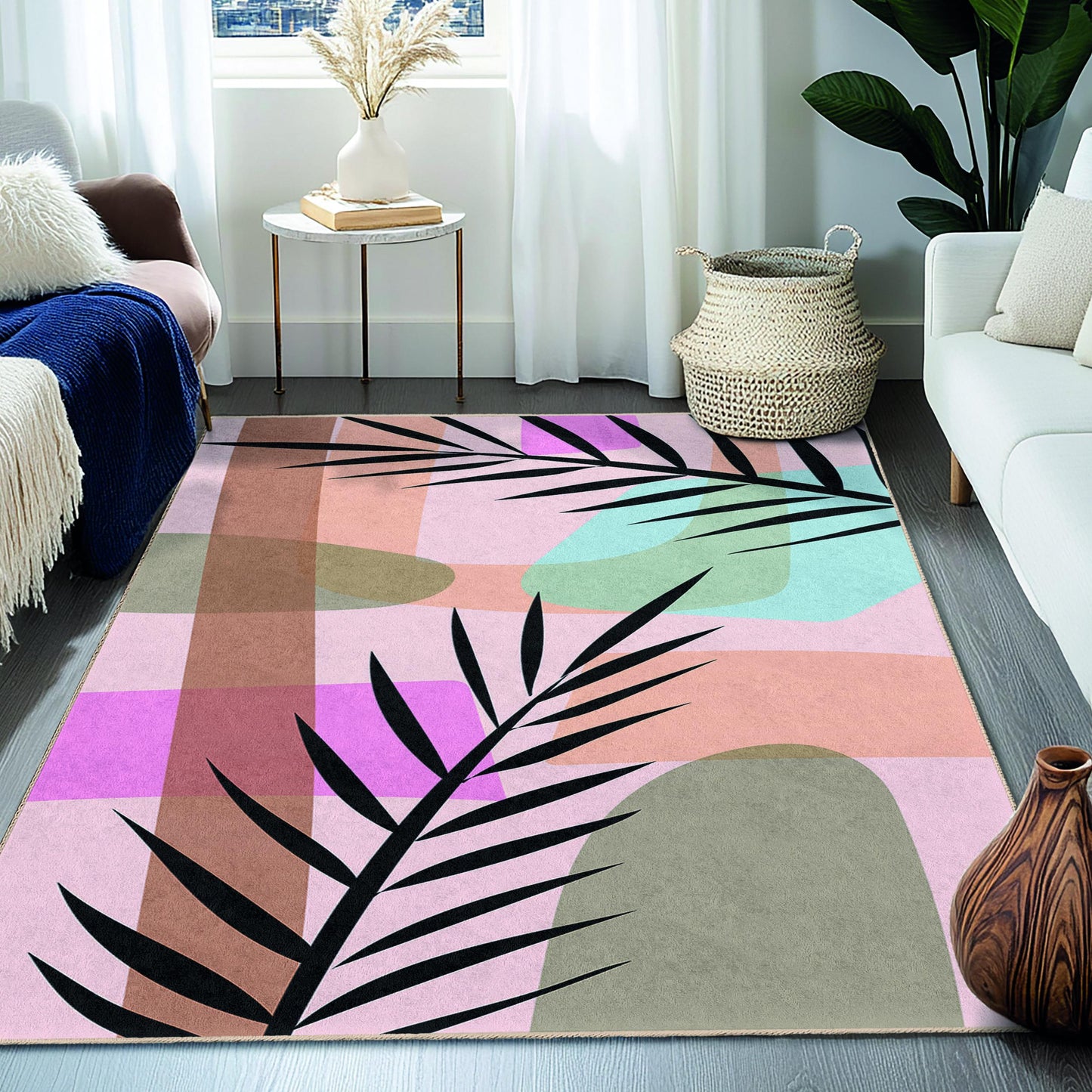 Rechteckiger Teppich mit abstraktem Palmenblattmuster | Moderner Wohnteppich | Elegante Wohnzimmermatte | Stilvoller Dekoteppich