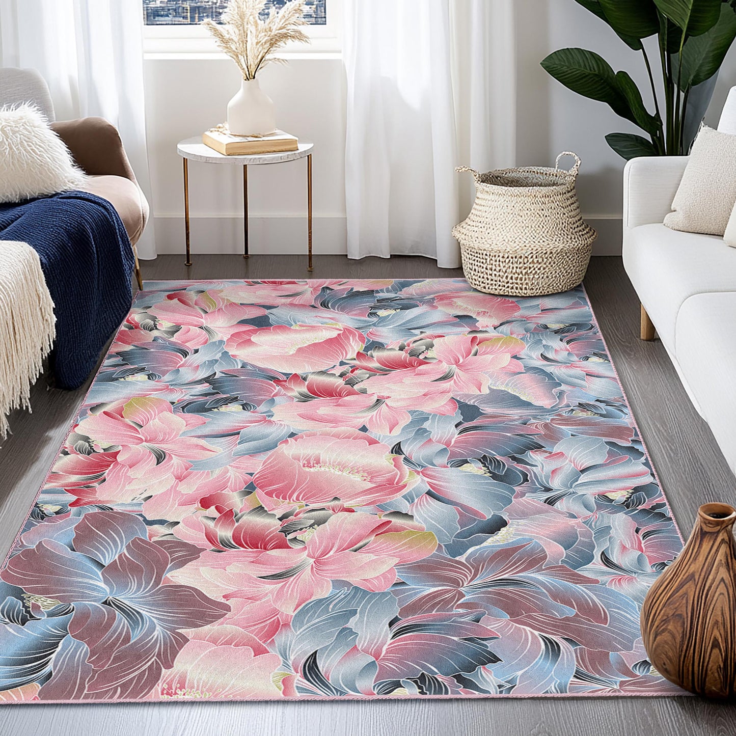 Rechteckiger Teppich mit floralem Muster | Eleganter Wohnzimmerteppich | Weiche Dekomatte aus Baumwolle | Teppich mit lebendigem Blumenmuster