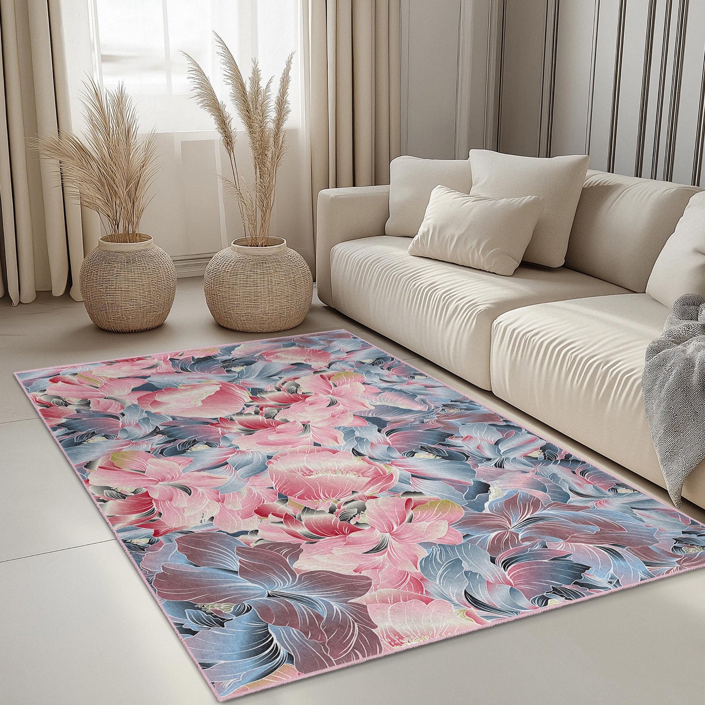 Rechteckiger Teppich mit floralem Muster | Eleganter Wohnzimmerteppich | Weiche Dekomatte aus Baumwolle | Teppich mit lebendigem Blumenmuster
