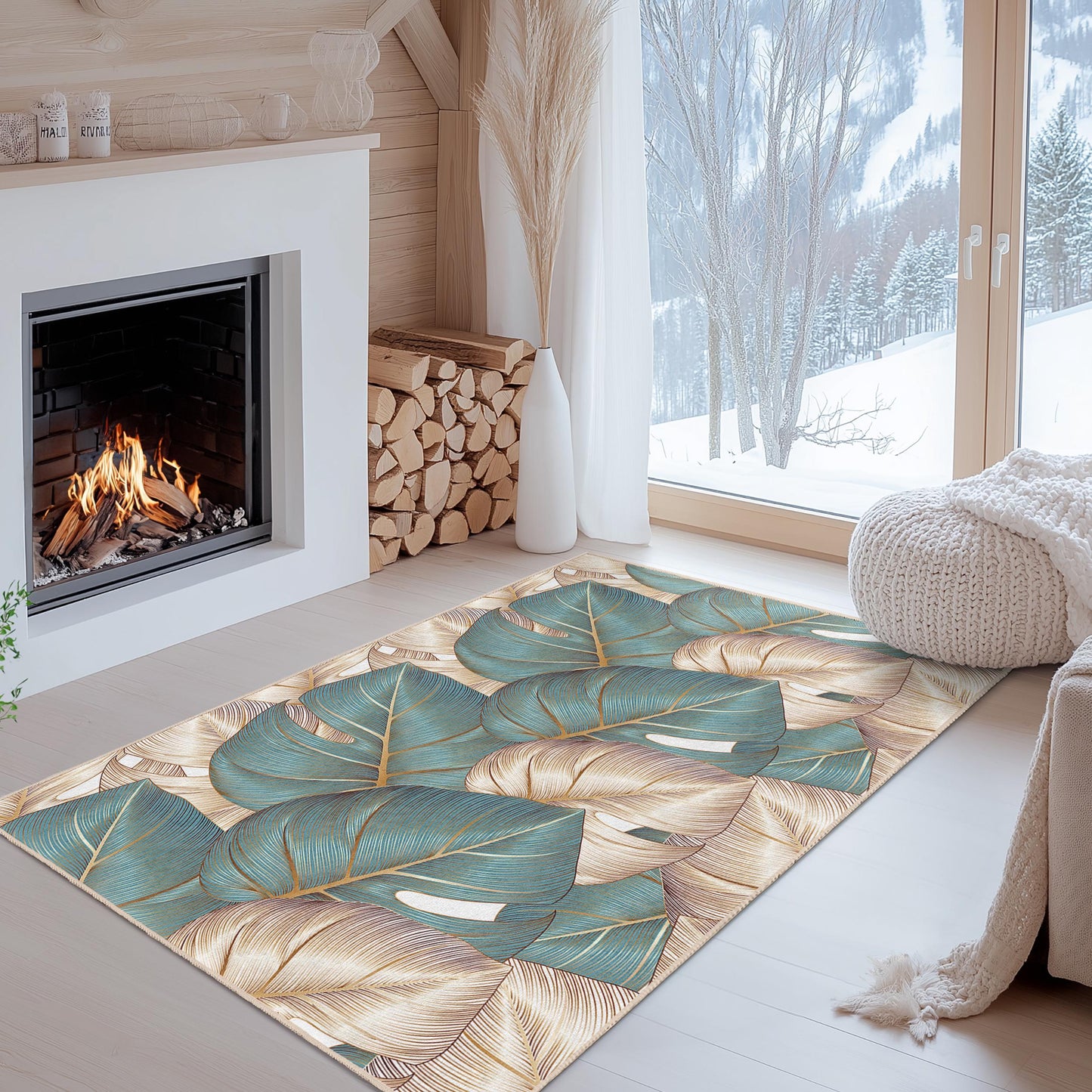 Wohnzimmerteppich im tropischen Stil | Eleganter rechteckiger Teppich mit Blattmuster | Weiche, dekorative Bodenmatte
