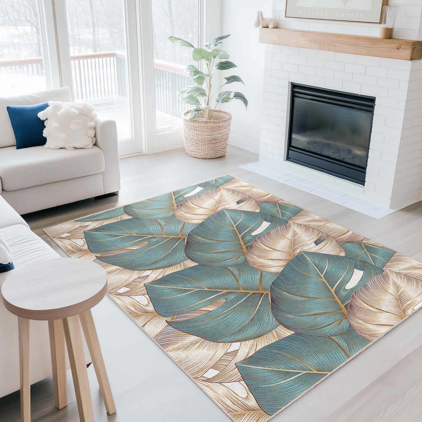 Wohnzimmerteppich im tropischen Stil | Eleganter rechteckiger Teppich mit Blattmuster | Weiche, dekorative Bodenmatte