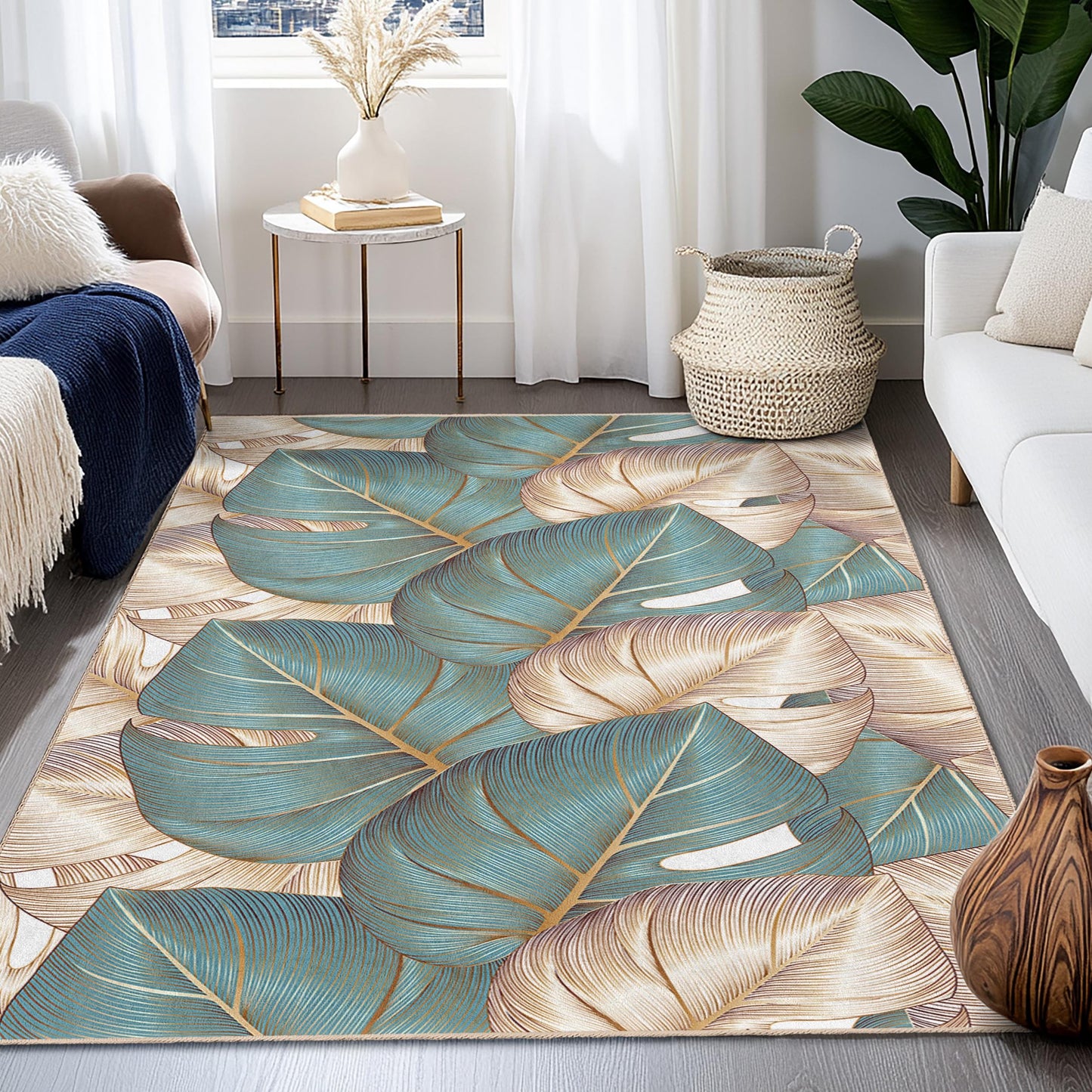 Wohnzimmerteppich im tropischen Stil | Eleganter rechteckiger Teppich mit Blattmuster | Weiche, dekorative Bodenmatte