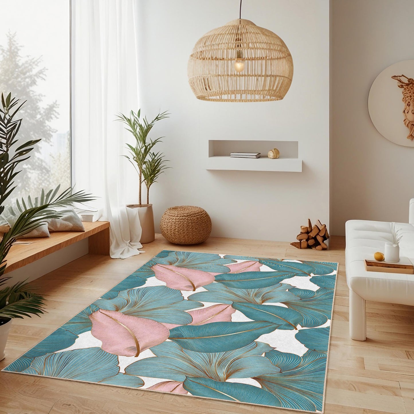 Rechteckiger Teppich mit tropischem Blättermuster | Elegante Wohnzimmerdekoration | Weicher Baumwollteppich für Zuhause | Stilvolle Indoor-Matte