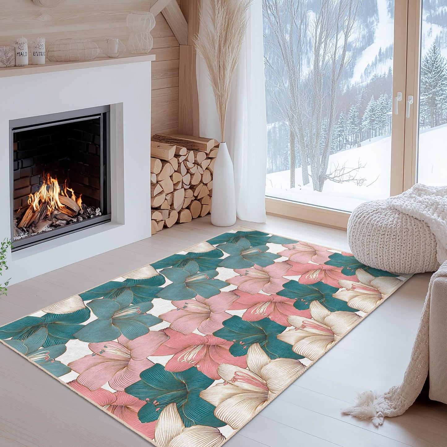 Weicher Baumwollteppich fürs Wohnzimmer | Eleganter rechteckiger Teppich mit Blumenmuster | Dekorativer Teppich für Ihr Zuhause | Lebendiges Blumendesign