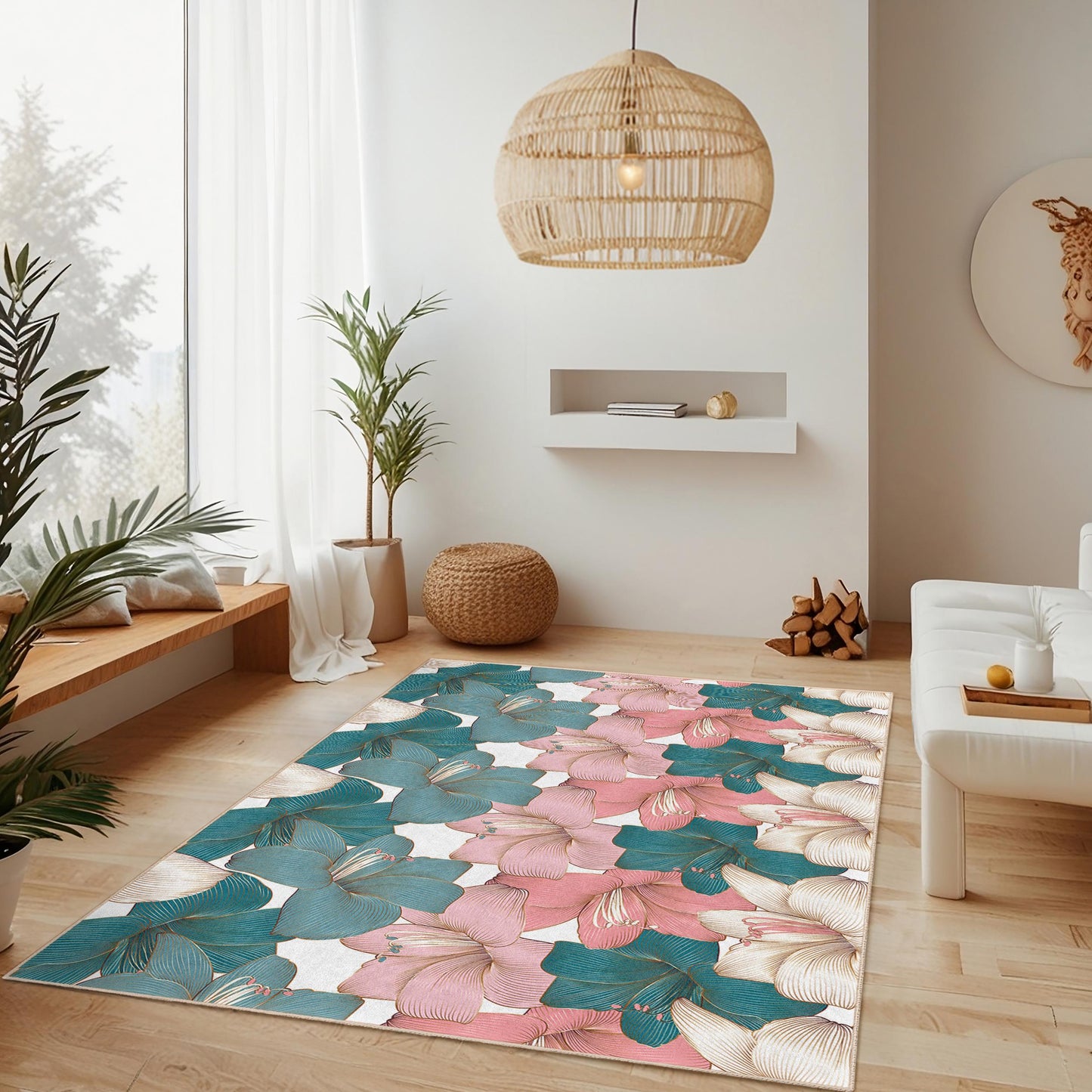 Weicher Baumwollteppich fürs Wohnzimmer | Eleganter rechteckiger Teppich mit Blumenmuster | Dekorativer Teppich für Ihr Zuhause | Lebendiges Blumendesign