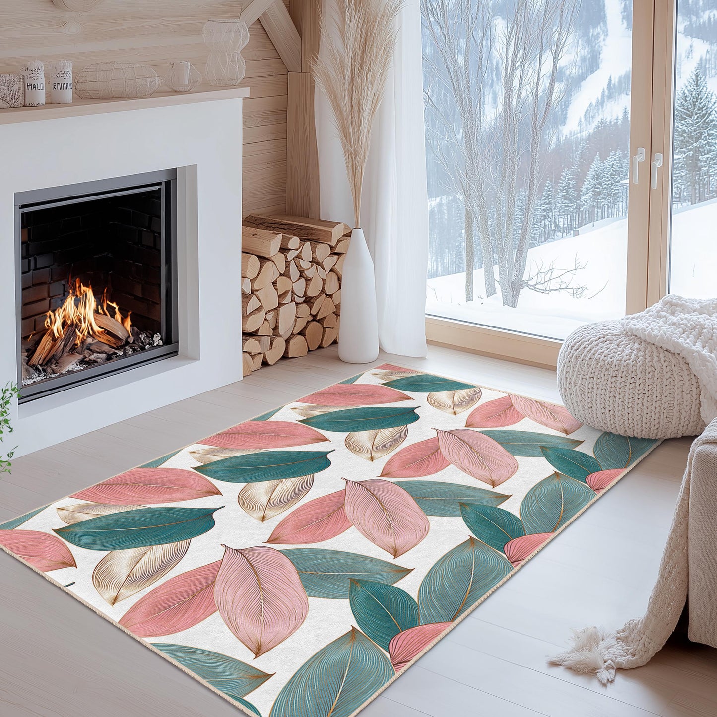 Luxuriöses Blattdesign | Eleganter rechteckiger Teppich mit Blattmuster | Weicher Baumwollteppich fürs Wohnzimmer | Stilvoller Teppich für die Wohnungseinrichtung