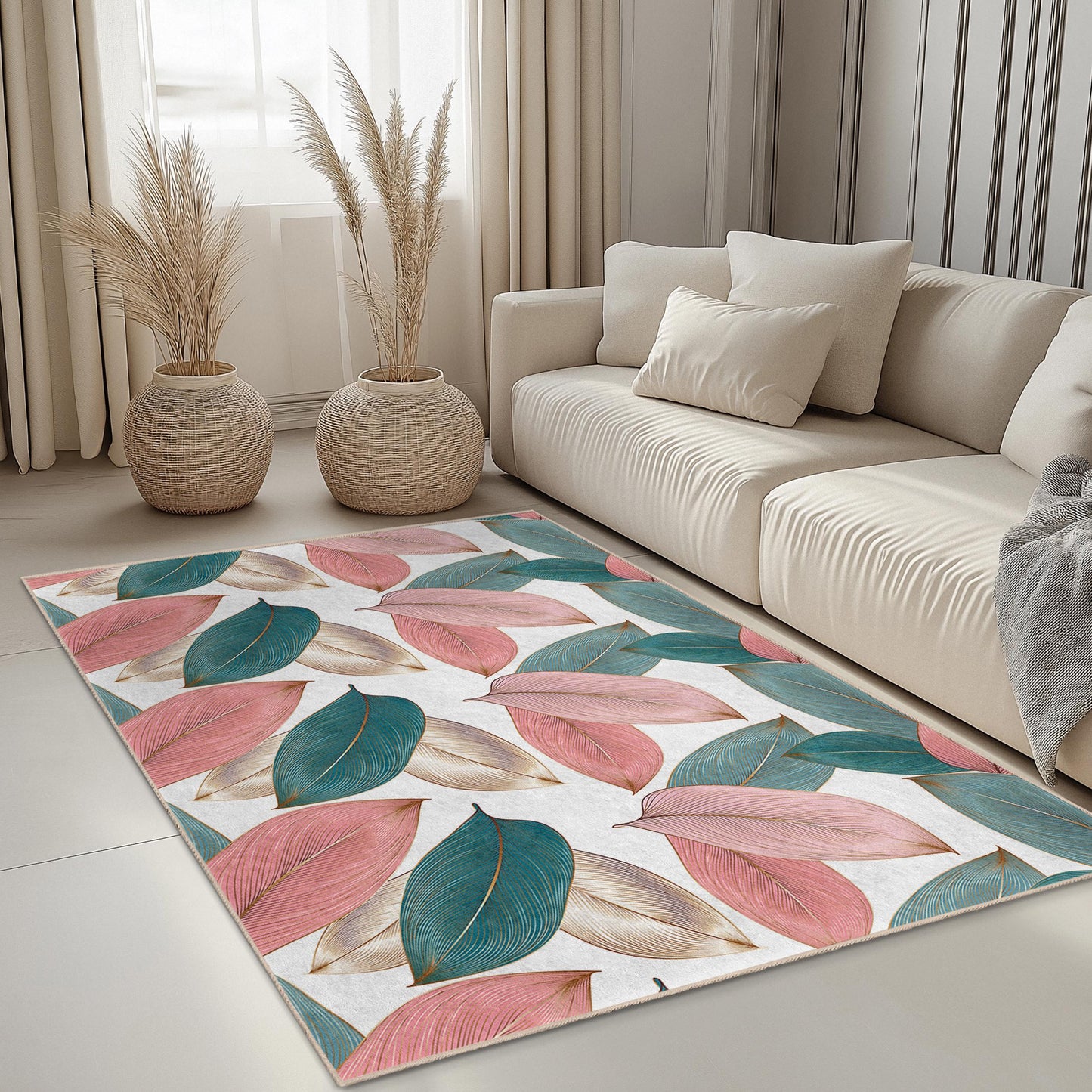 Luxuriöses Blattdesign | Eleganter rechteckiger Teppich mit Blattmuster | Weicher Baumwollteppich fürs Wohnzimmer | Stilvoller Teppich für die Wohnungseinrichtung