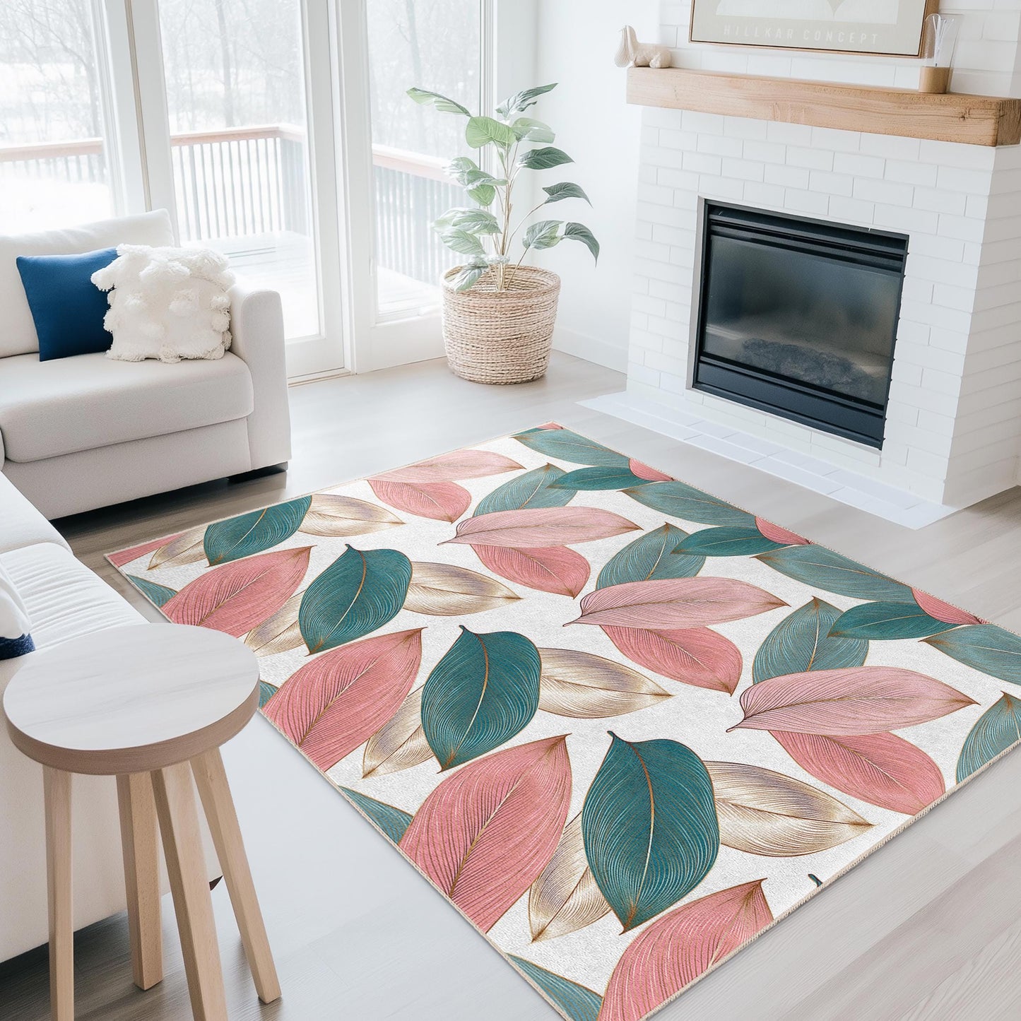 Luxuriöses Blattdesign | Eleganter rechteckiger Teppich mit Blattmuster | Weicher Baumwollteppich fürs Wohnzimmer | Stilvoller Teppich für die Wohnungseinrichtung
