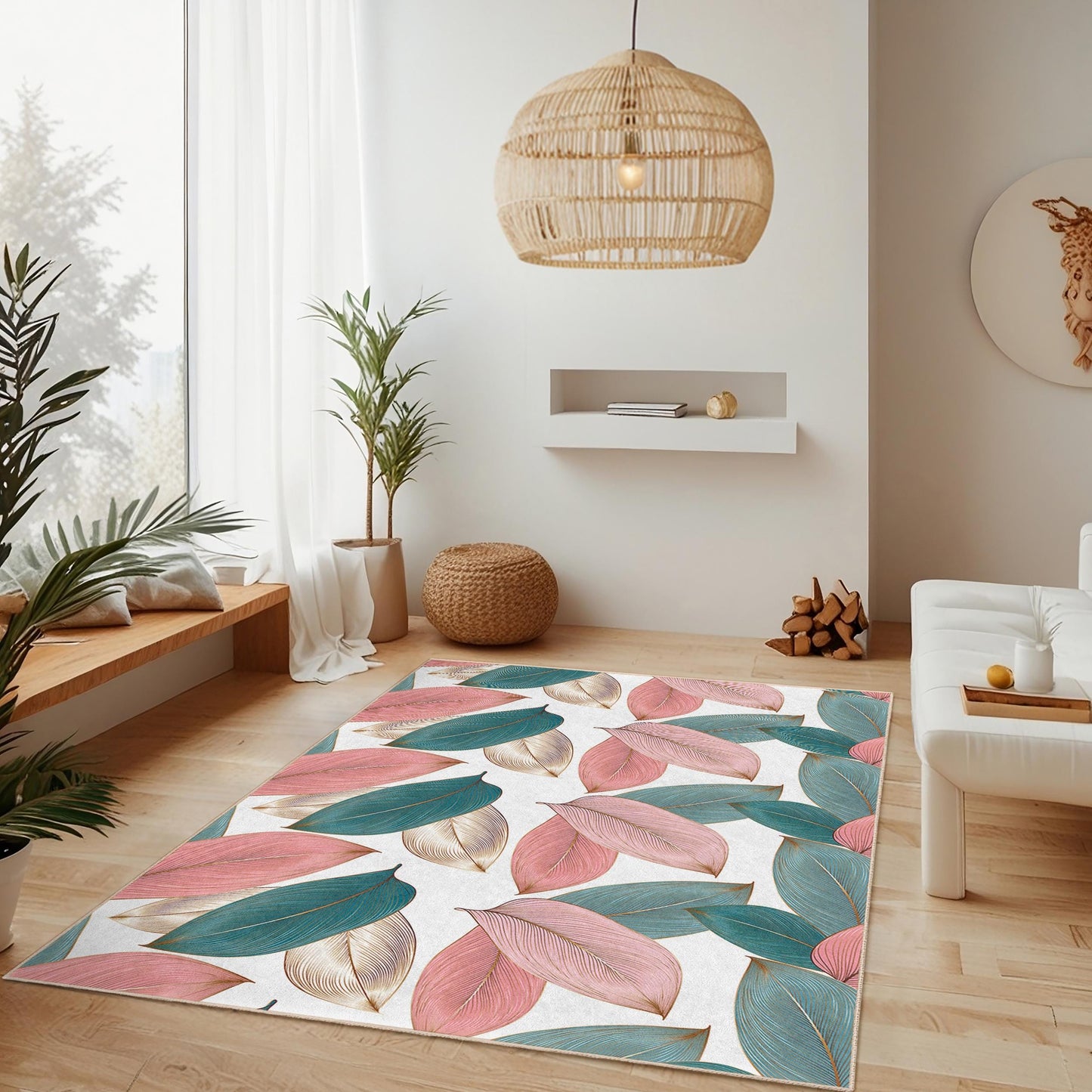 Luxuriöses Blattdesign | Eleganter rechteckiger Teppich mit Blattmuster | Weicher Baumwollteppich fürs Wohnzimmer | Stilvoller Teppich für die Wohnungseinrichtung