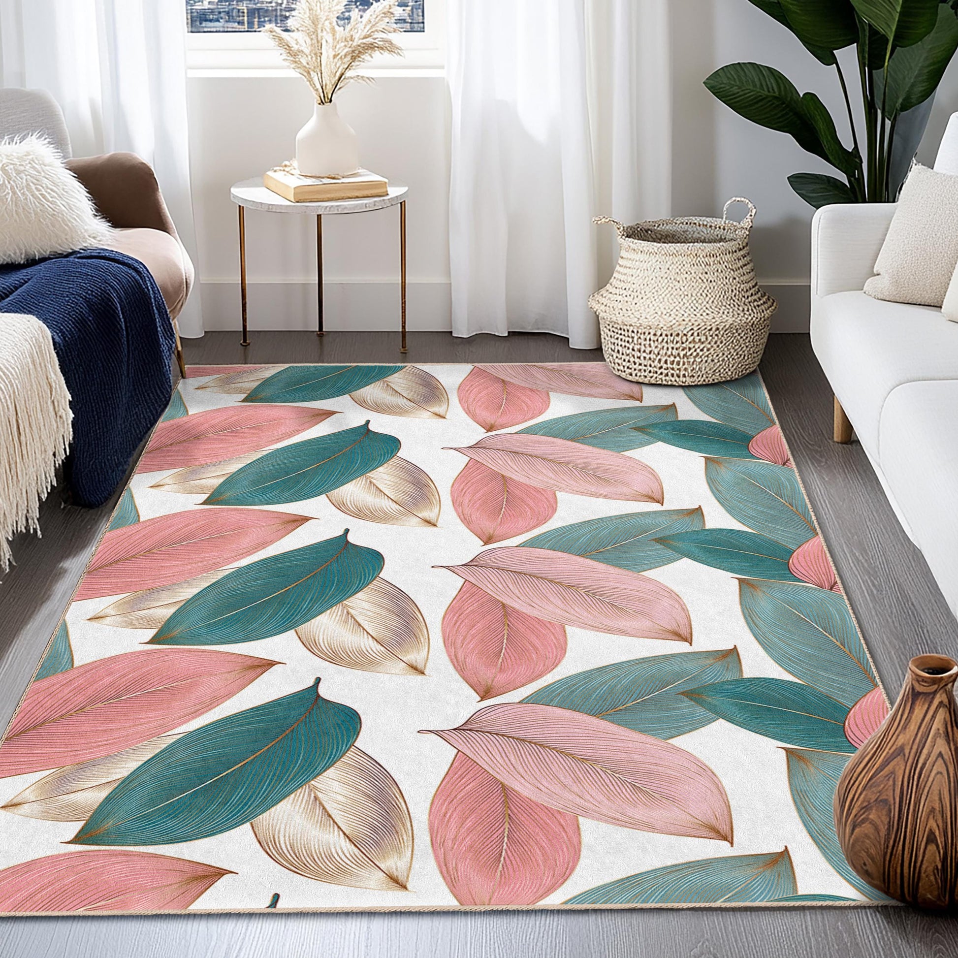 Luxurious Leaf Design | Elegant Leaf Pattern Rectangular Area Rug | Soft Cotton Living Room Carpet | Stylish Home Decor Rug