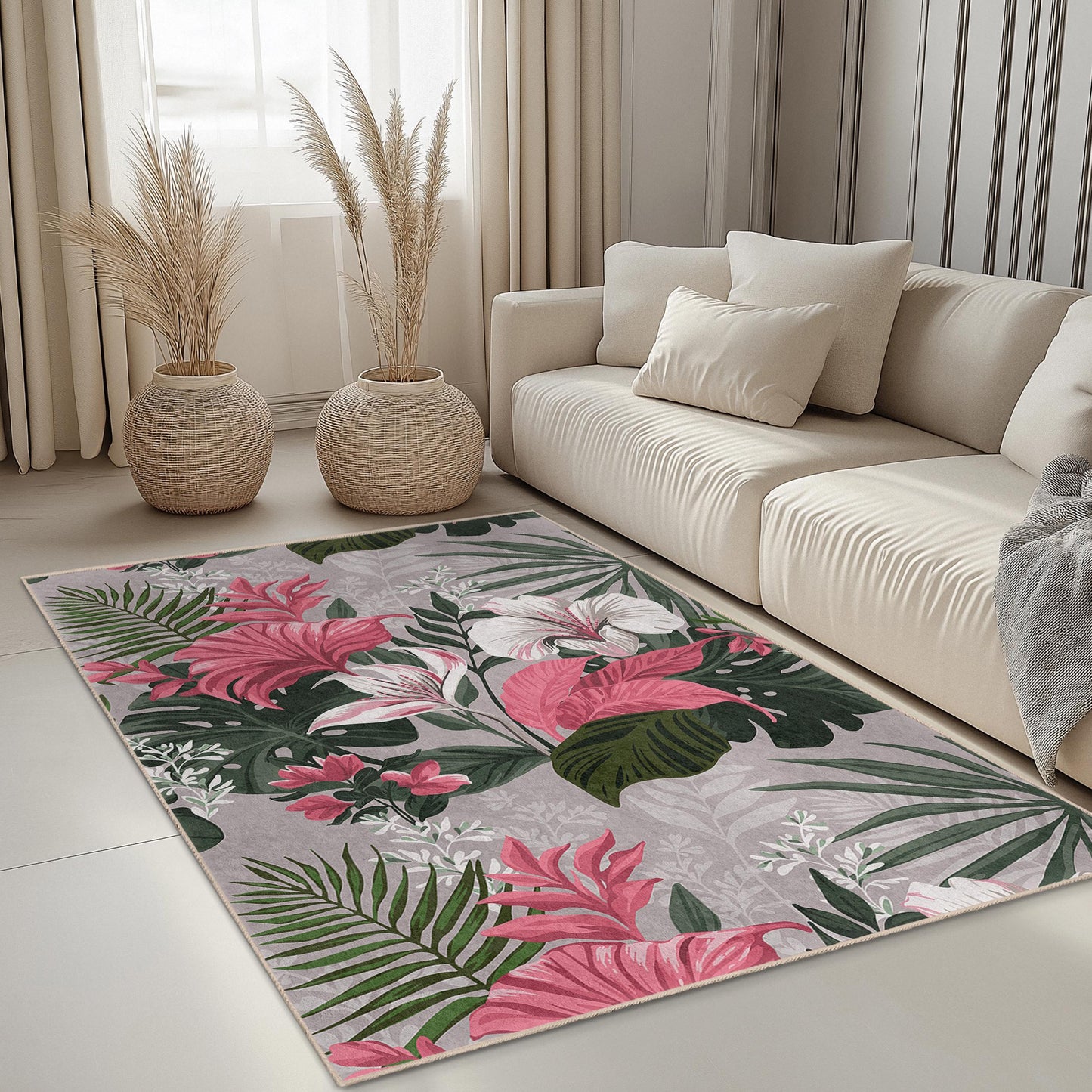 Lebendiger rechteckiger Teppich mit Blumenmuster | Dekorativer Teppich im tropischen Stil fürs Wohnzimmer | Stilvoller Teppich mit botanischem Flair