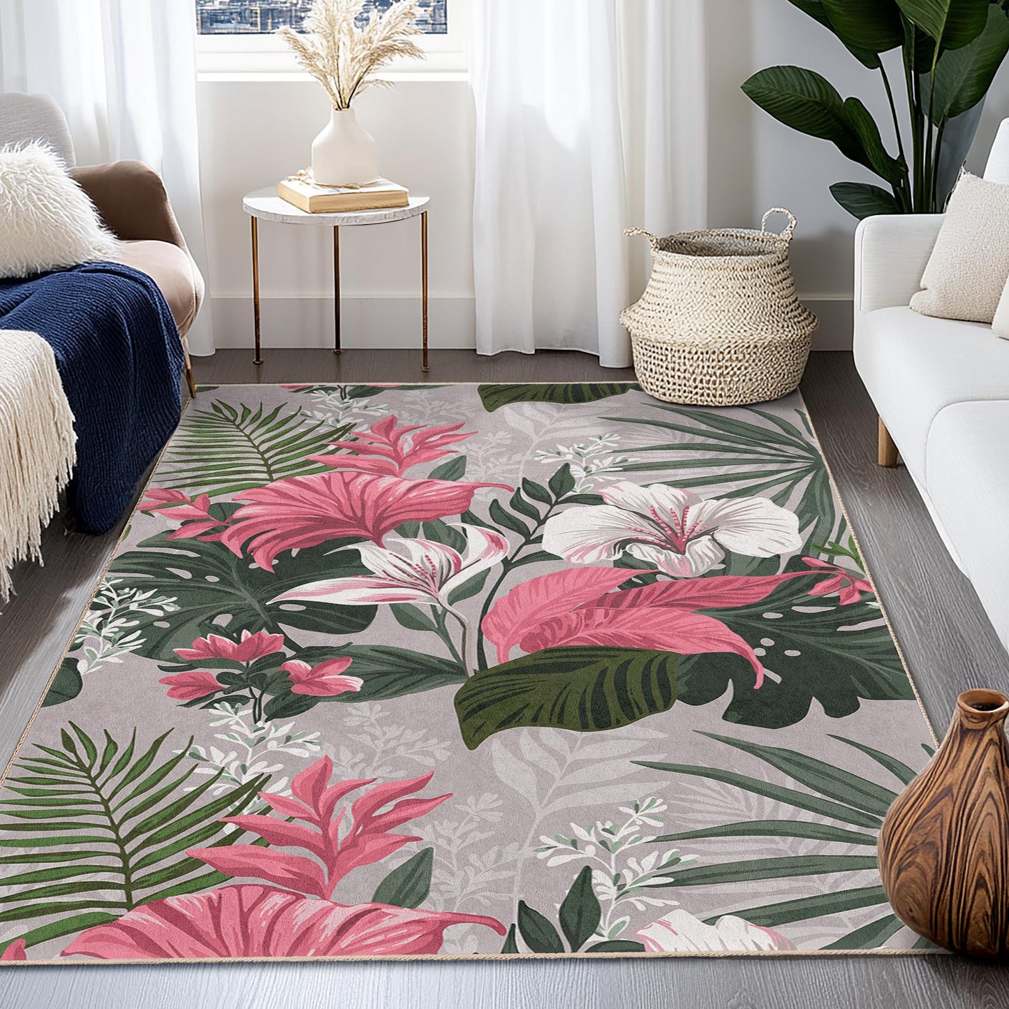 Lebendiger rechteckiger Teppich mit Blumenmuster | Dekorativer Teppich im tropischen Stil fürs Wohnzimmer | Stilvoller Teppich mit botanischem Flair