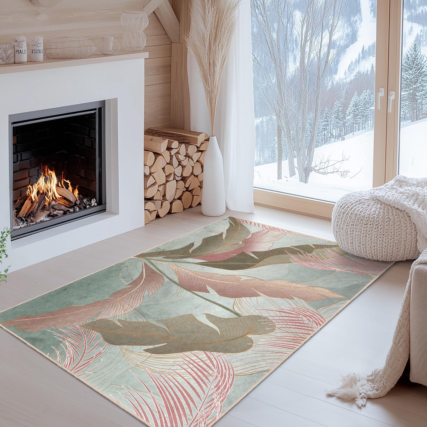 Weiche und waschbare Fußmatte | Eleganter rechteckiger Teppich mit Blattmuster | Stilvoller Wohnzimmerteppich | Moderne Wohnaccessoires
