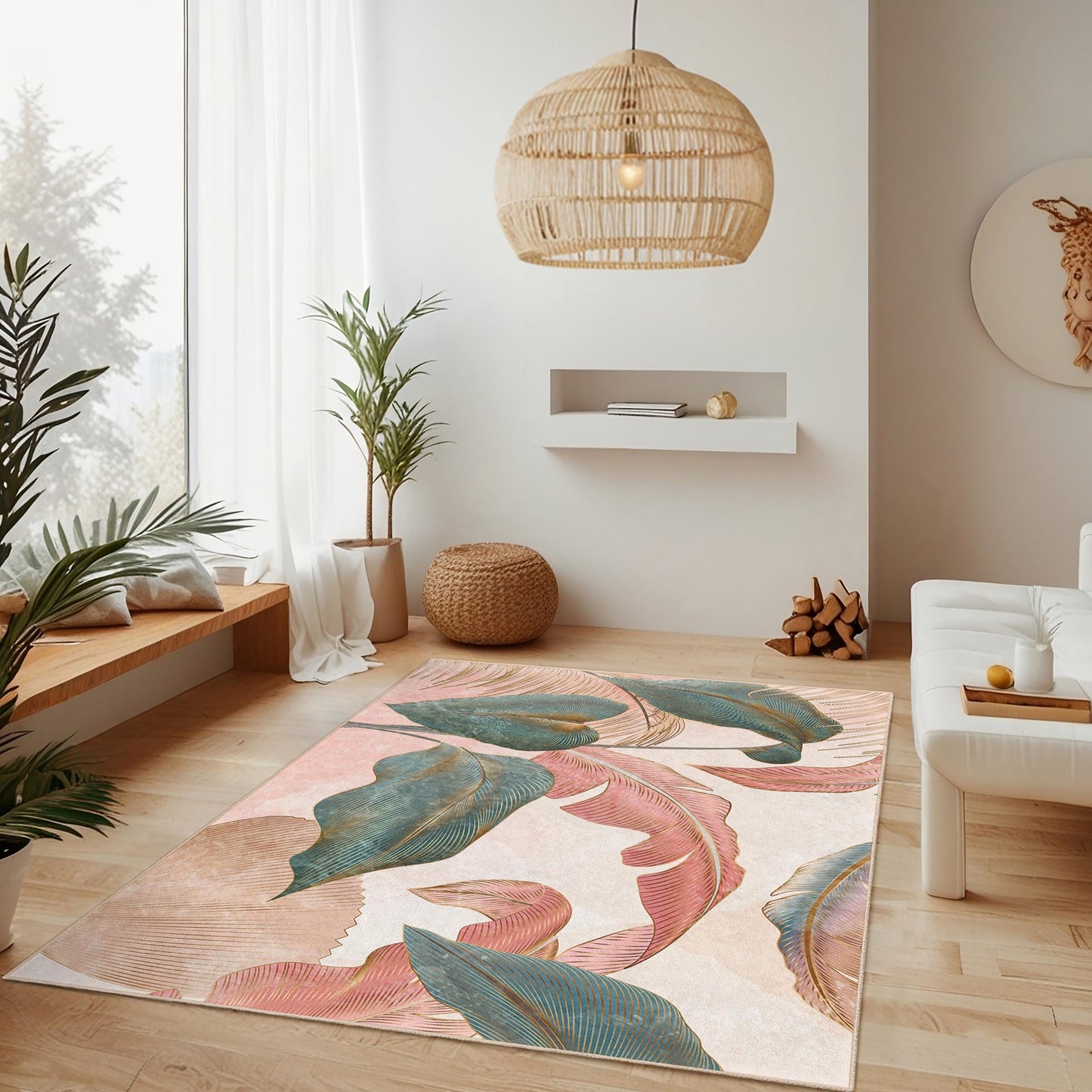 Eleganter rechteckiger Teppich mit tropischem Blättermuster | Dekorativer Wohnzimmerteppich | Weiche Baumwolle | Stilvoller Teppich mit Blätterprint
