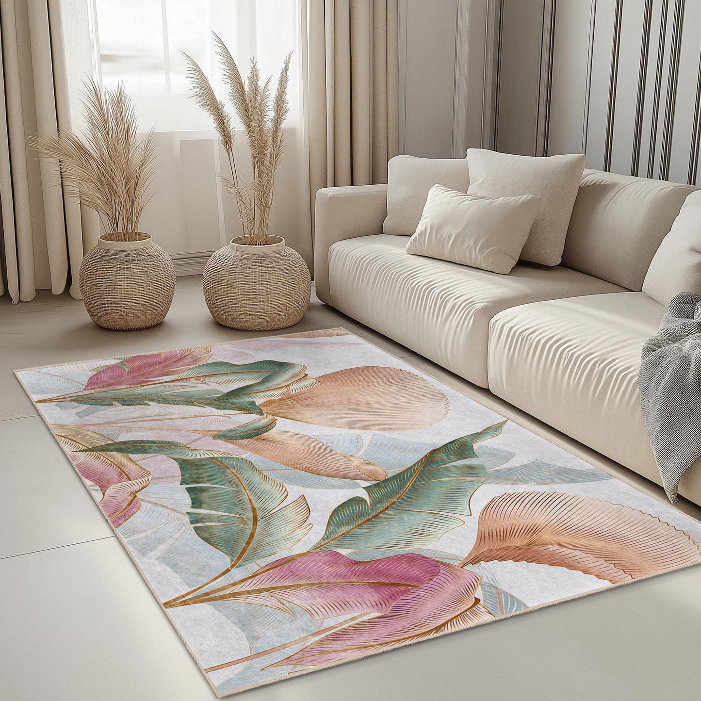 Eleganter rechteckiger Teppich mit Blumenmuster | Weicher Baumwollteppich fürs Wohnzimmer | Stilvolle Wohndekoration | Luxuriöse Fußmatte für den Innenbereich