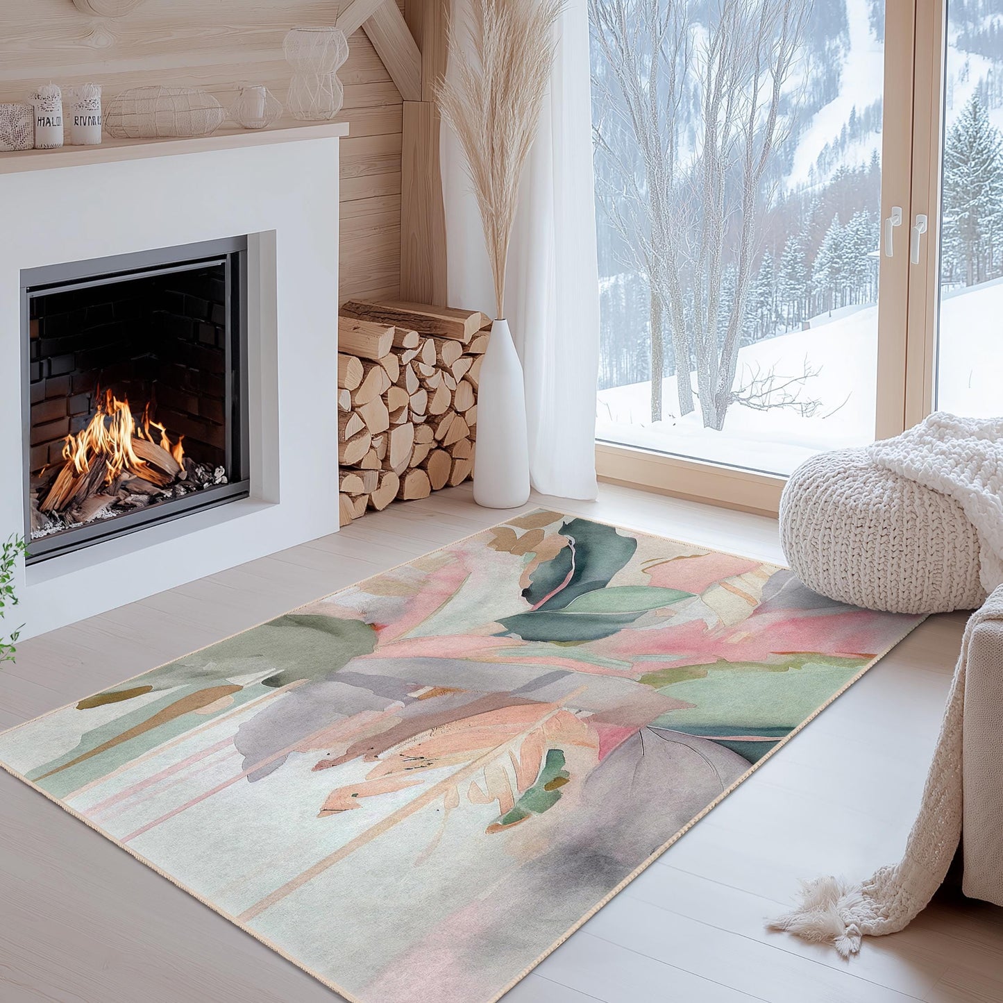Eleganter rechteckiger Teppich mit floralem Muster | Weicher Baumwollteppich für das Wohnzimmer | Stilvolle Wohndekoration mit Blattmotiv