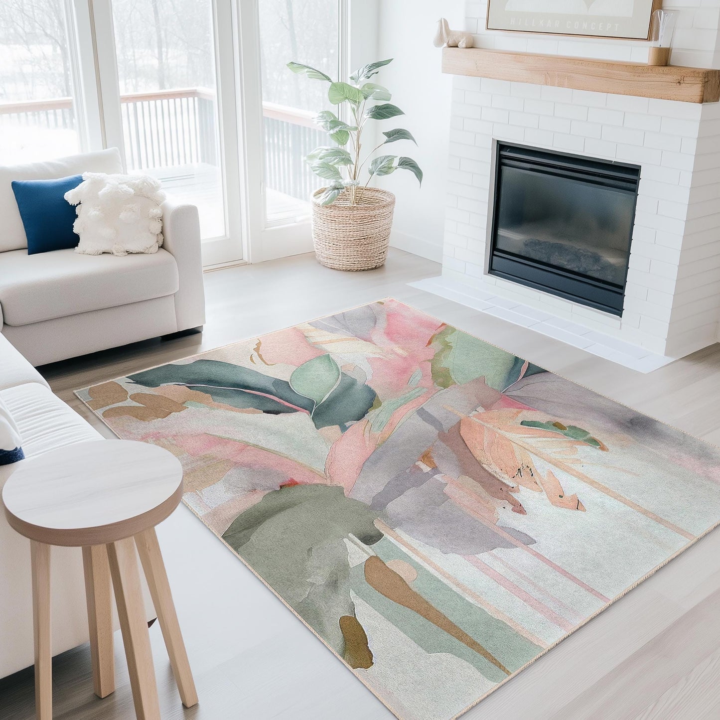 Eleganter rechteckiger Teppich mit floralem Muster | Weicher Baumwollteppich für das Wohnzimmer | Stilvolle Wohndekoration mit Blattmotiv