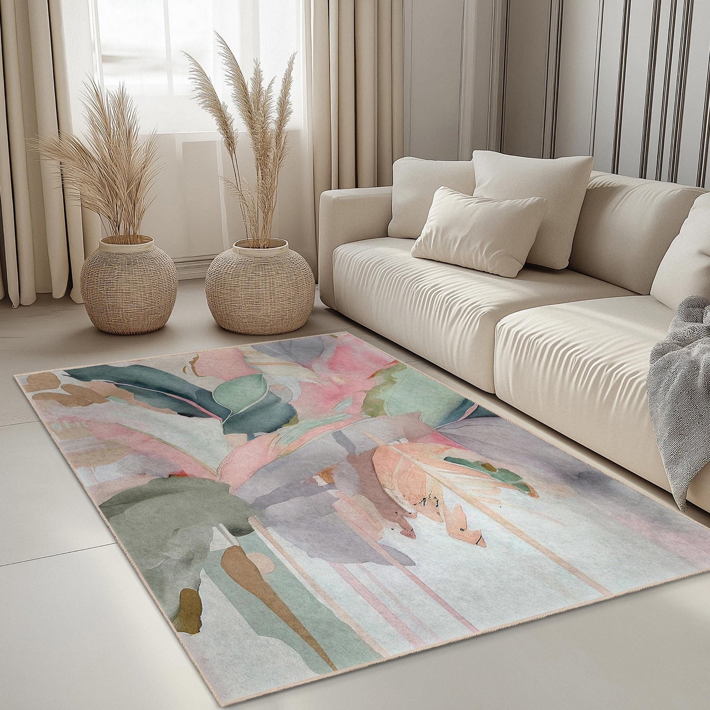 Eleganter rechteckiger Teppich mit floralem Muster | Weicher Baumwollteppich für das Wohnzimmer | Stilvolle Wohndekoration mit Blattmotiv