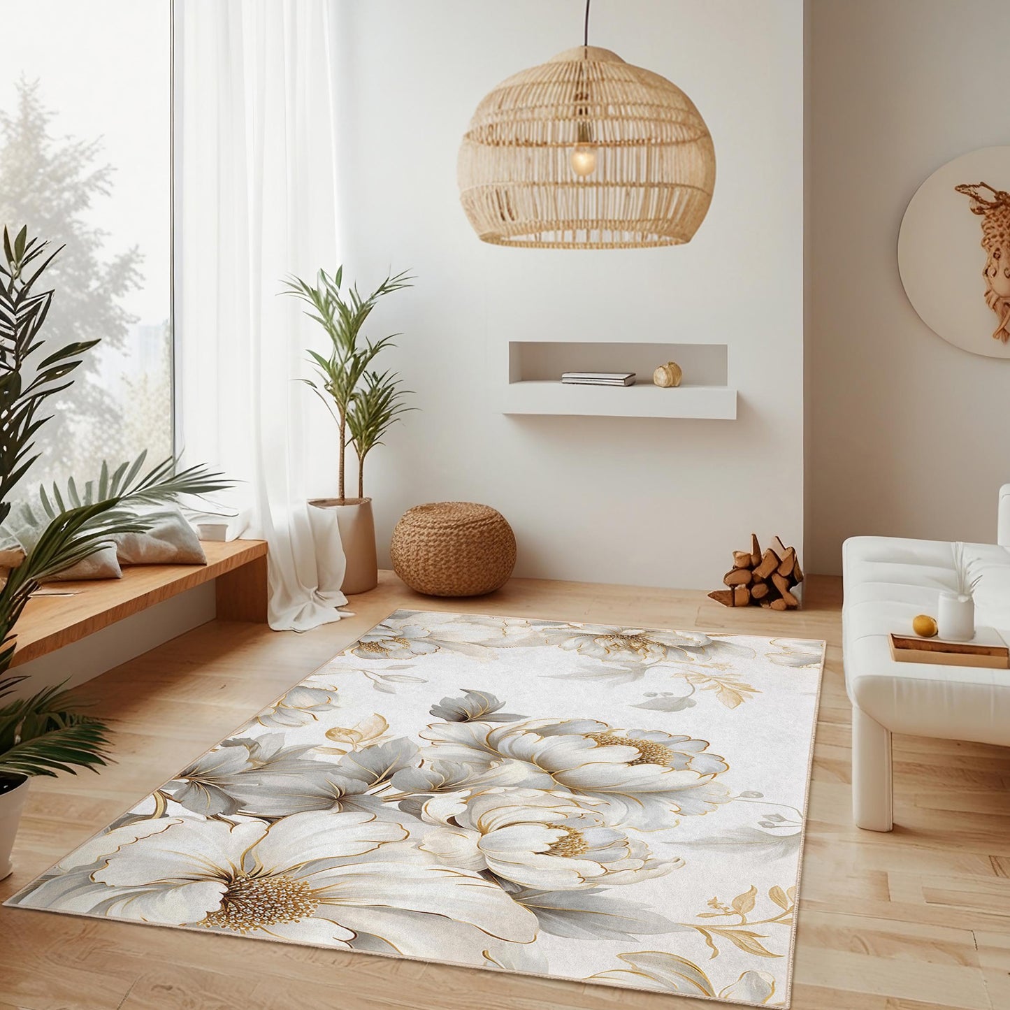 Eleganter rechteckiger Teppich mit floralem Muster | Weicher Baumwollteppich fürs Wohnzimmer | Luxuriöse Wohnaccessoires | Maschinenwaschbar