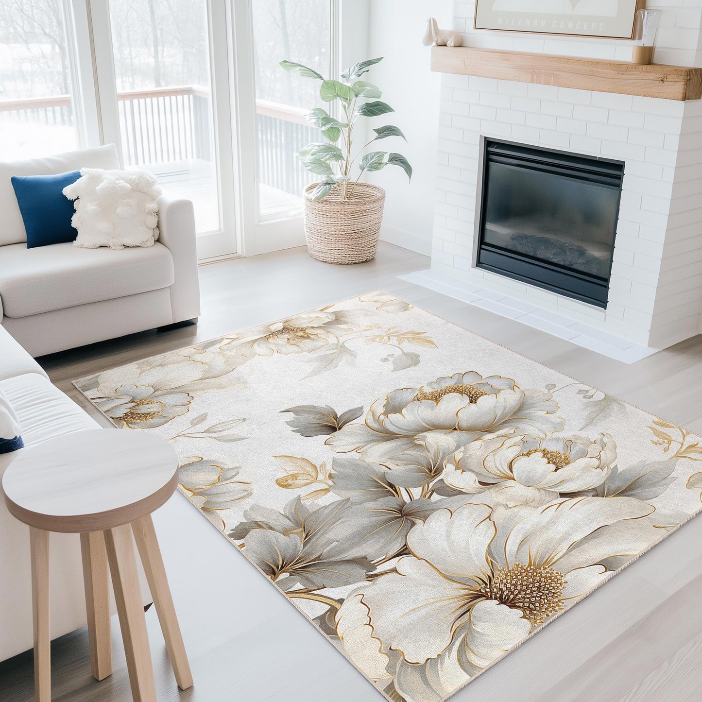 Eleganter rechteckiger Teppich mit floralem Muster | Weicher Baumwollteppich fürs Wohnzimmer | Luxuriöse Wohnaccessoires | Maschinenwaschbar