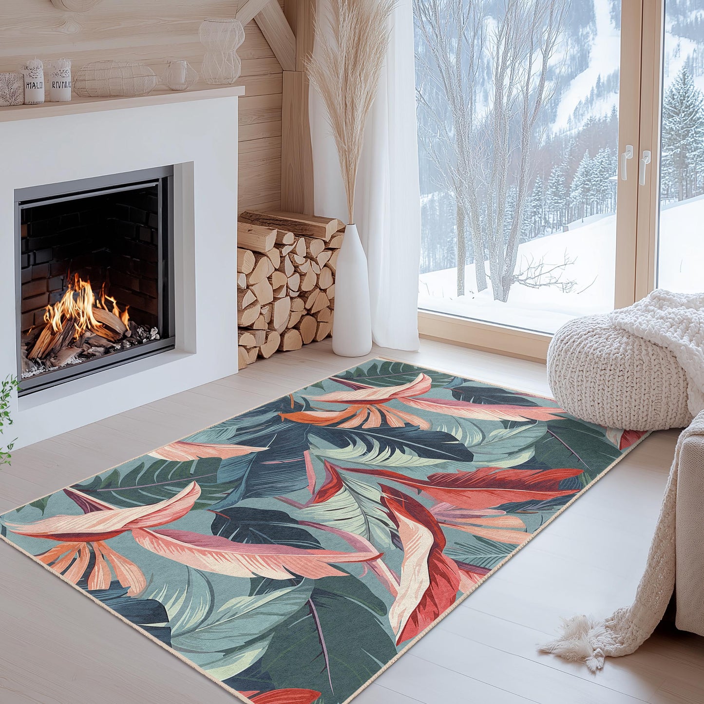 Rechteckiger Teppich mit tropischem Blättermuster | Moderner Blumenteppich | Wohnzimmerteppich im Boho-Stil | Dekorativer Bodenbelag für den Innenbereich