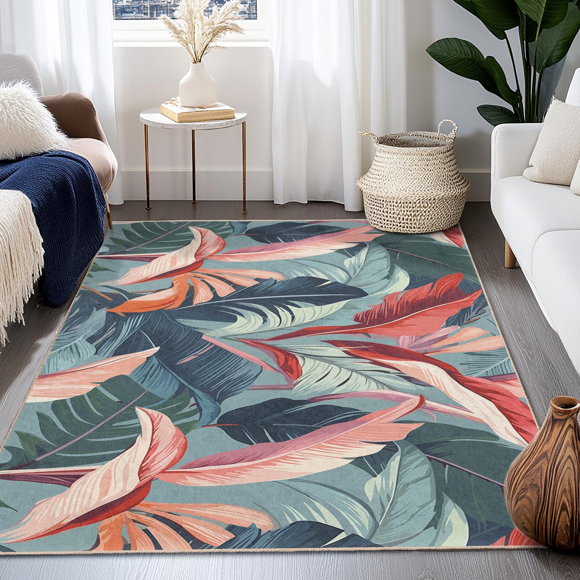 Tropical Leaves Patterned Rectangular Area Rug | Modern Floral Carpet | Boho Style Living Room Mat | Indoor Decorative Floor Covering